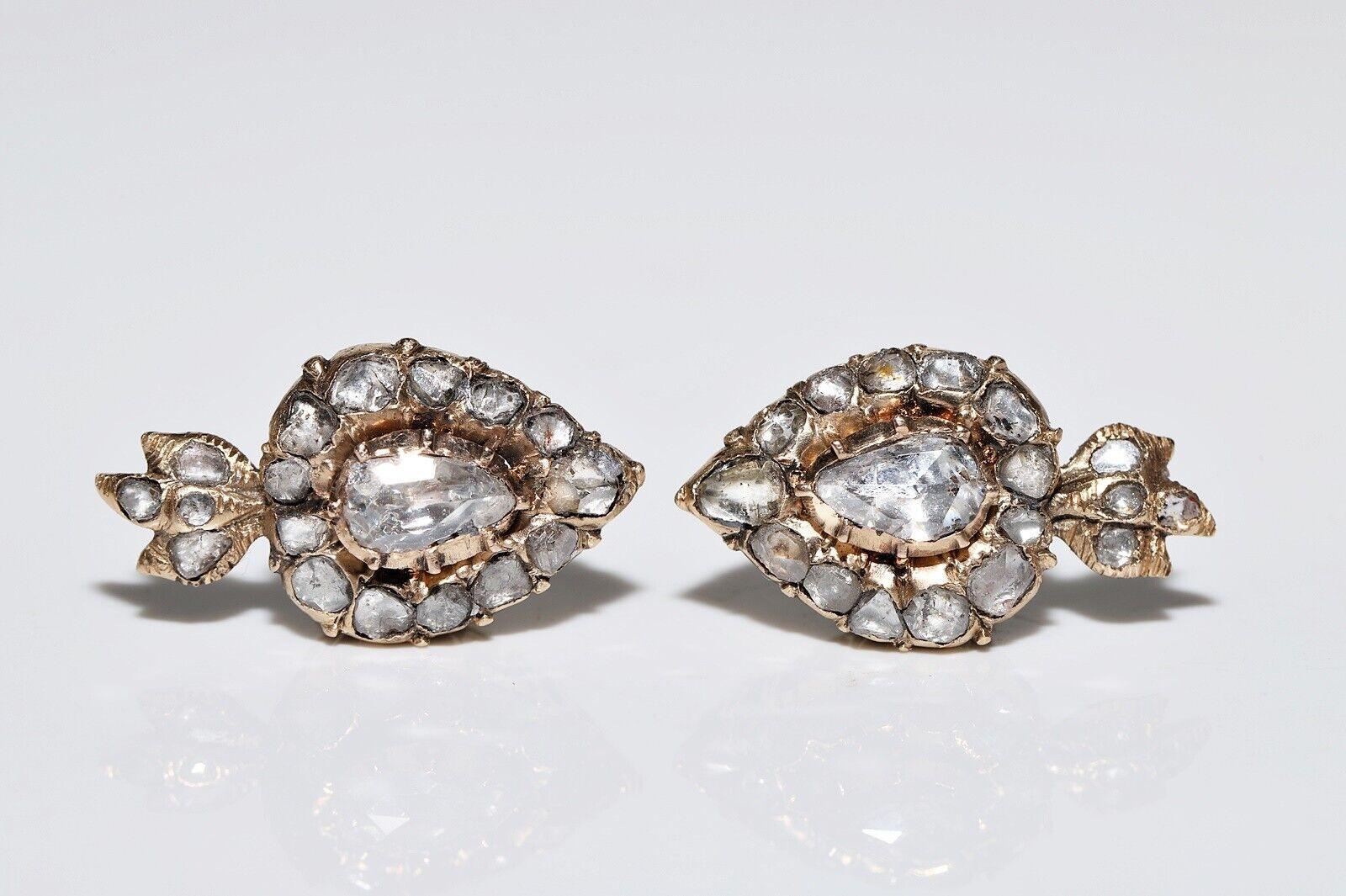 Antique Circa 1880s 14k Gold Natural Rose Cut Diamond Heart Earring In Good Condition For Sale In Fatih/İstanbul, 34