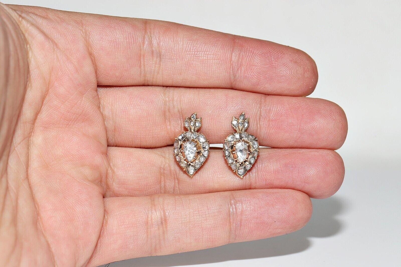 Women's Antique Circa 1880s 14k Gold Natural Rose Cut Diamond Heart Earring For Sale
