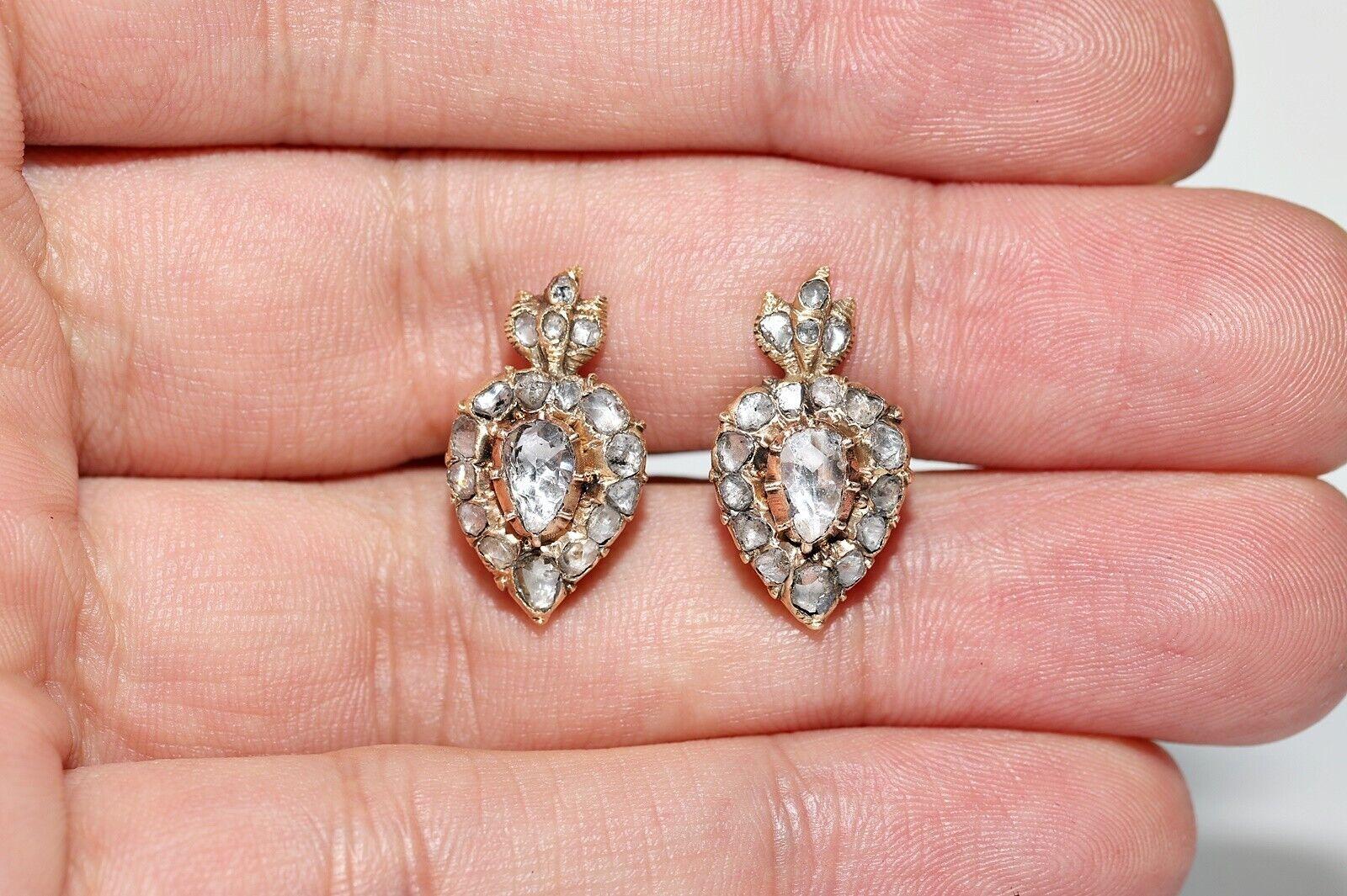 Antique Circa 1880s 14k Gold Natural Rose Cut Diamond Heart Earring For Sale 1