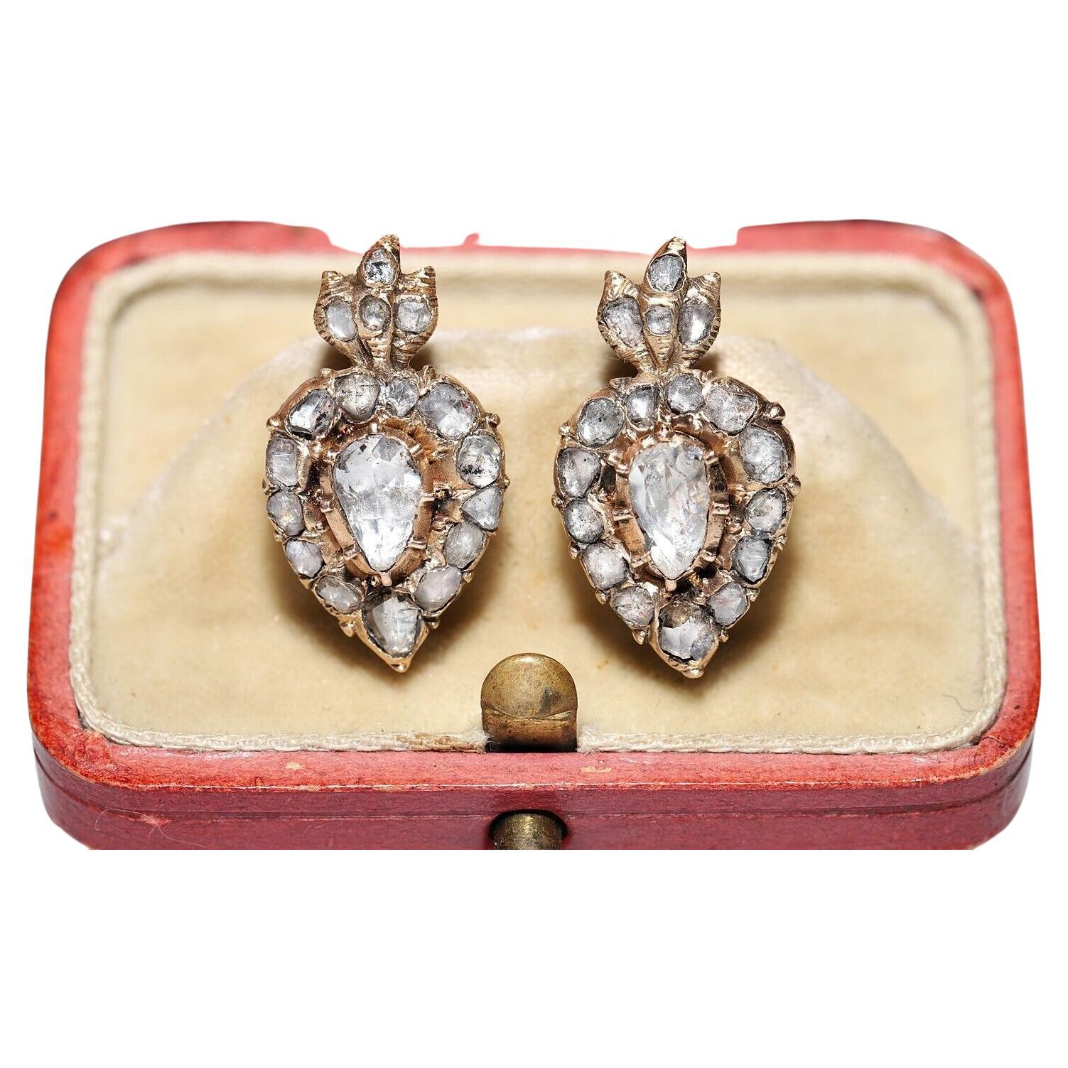 Antique Circa 1880s 14k Gold Natural Rose Cut Diamond Heart Earring For Sale