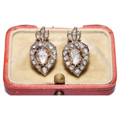 Antique Circa 1880s 14k Gold Natural Rose Cut Diamond Heart Earring