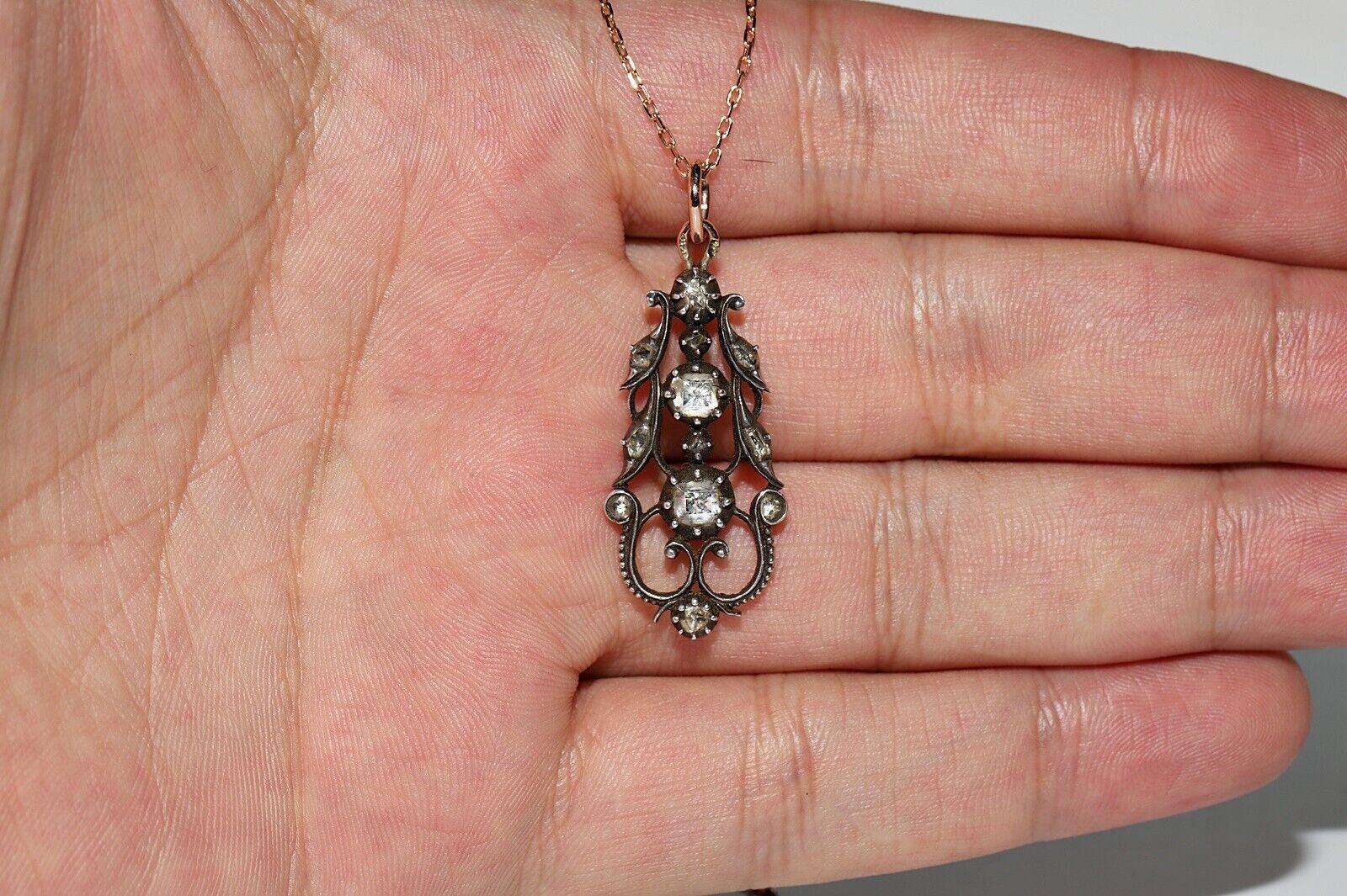 Antique Circa 1880s 18k Gold Top Silver Natural Diamond Pendant Necklace  For Sale 7
