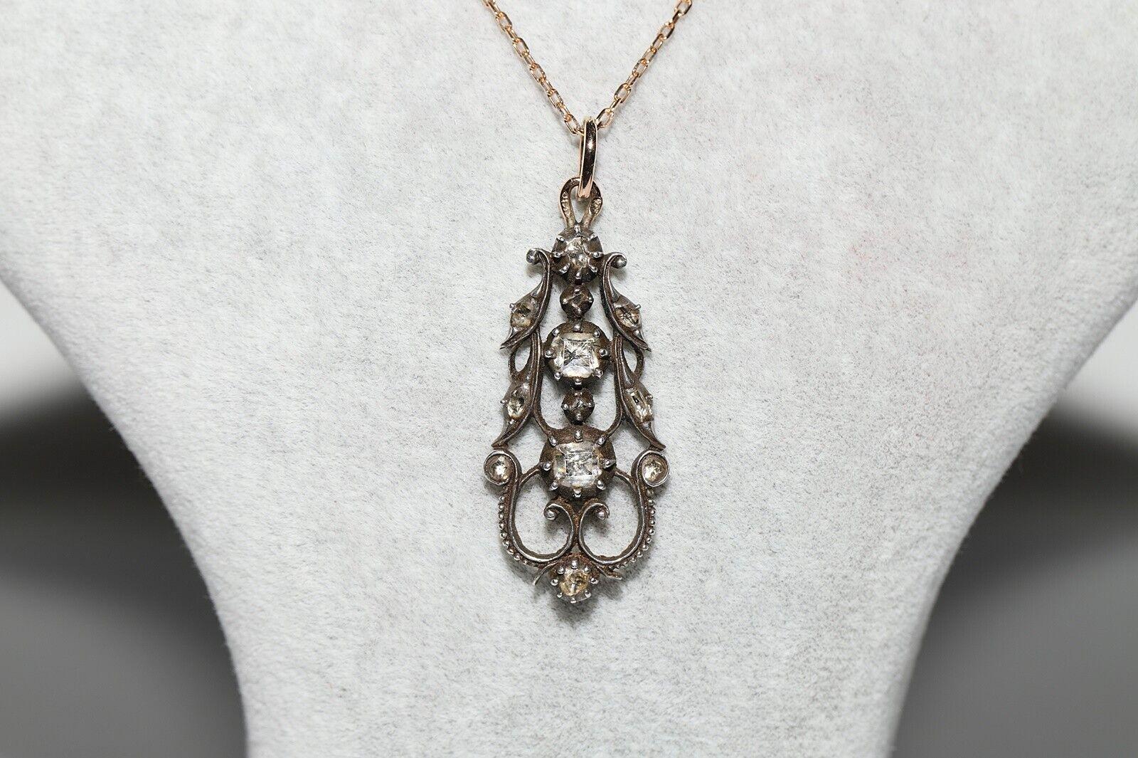 Victorian Antique Circa 1880s 18k Gold Top Silver Natural Diamond Pendant Necklace  For Sale