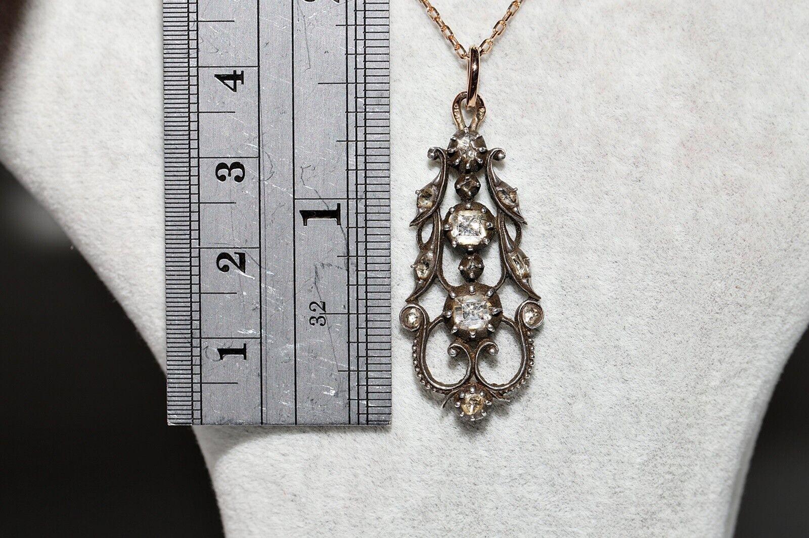 Antike Halskette mit natürlichem Diamant-Anhänger, ca. 1880er Jahre, 18 Karat Gold Top Silber  im Angebot 1