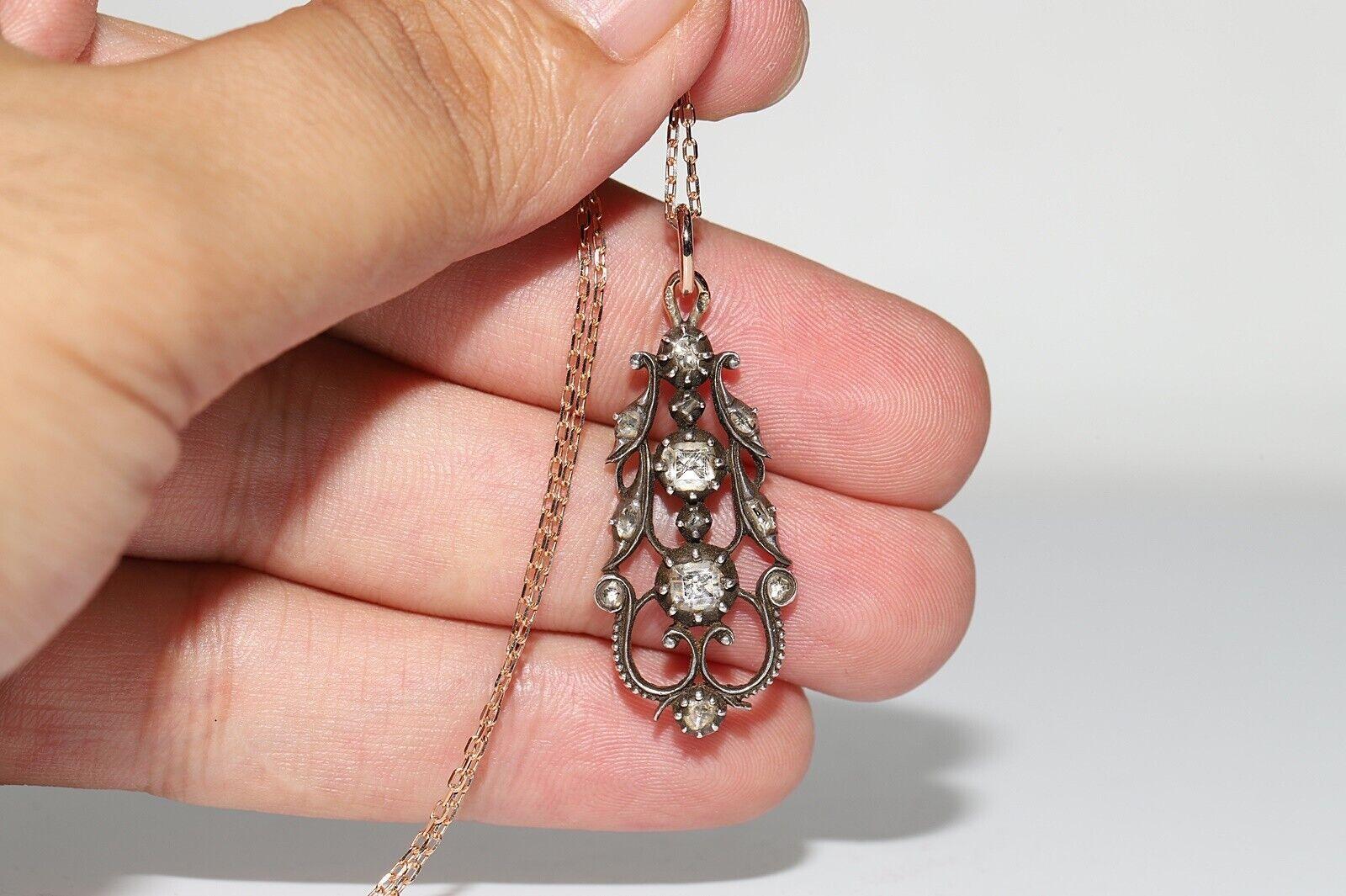 Antique Circa 1880s 18k Gold Top Silver Natural Diamond Pendant Necklace  For Sale 1