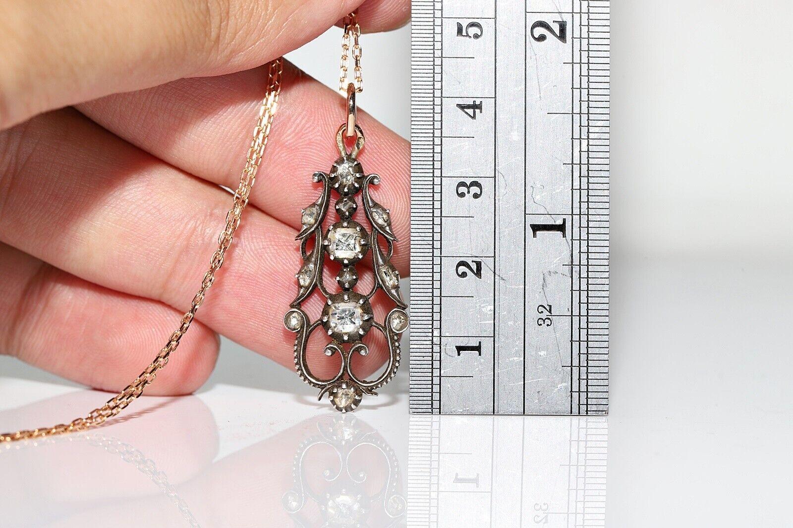 Antique Circa 1880s 18k Gold Top Silver Natural Diamond Pendant Necklace  For Sale 2