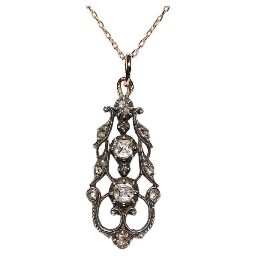 Antique Circa 1880s 18k Gold Top Silver Natural Diamond Pendant Necklace  For Sale