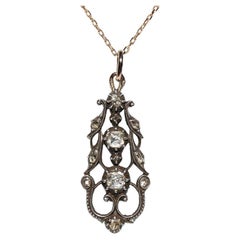 Antique Circa 1880s 18k Gold Top Silver Natural Diamond Pendant Necklace 