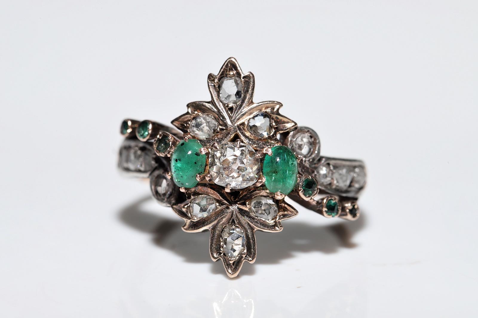 Women's Antique Circa 1880s 8K Gold Natural Diamond And Emerald Decorated Ring 