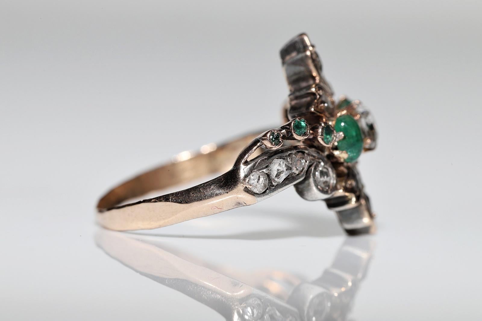Antique Circa 1880s 8K Gold Natural Diamond And Emerald Decorated Ring  3