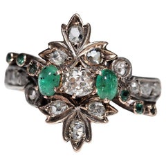 Antique Circa 1880s 8K Gold Natural Diamond And Emerald Decorated Ring 