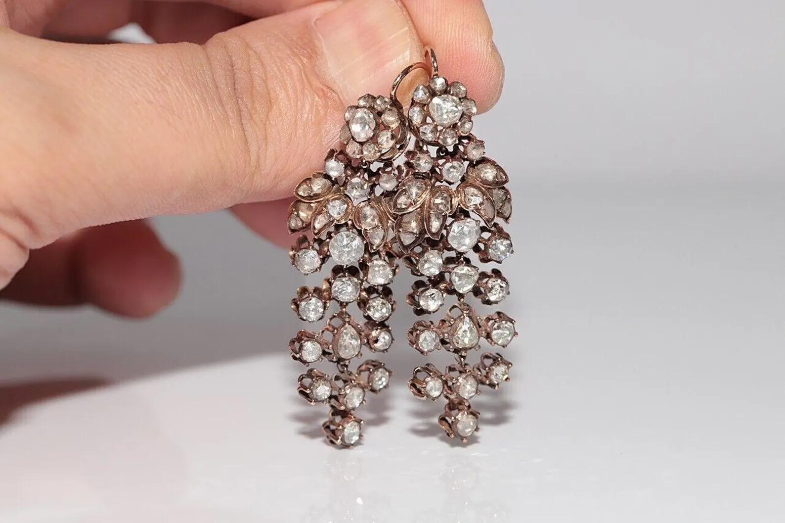 Antike CIRCA 1880er Ottoman 14k Gold Natural Rose Cut Diamond Drop Ohrring (Rosenschliff) im Angebot