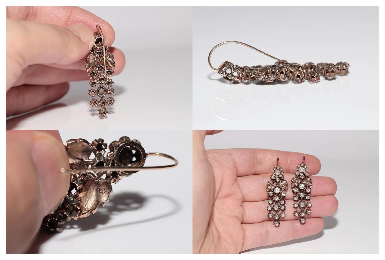 Antike CIRCA 1880er Ottoman 14k Gold Natural Rose Cut Diamond Drop Ohrring im Angebot 1