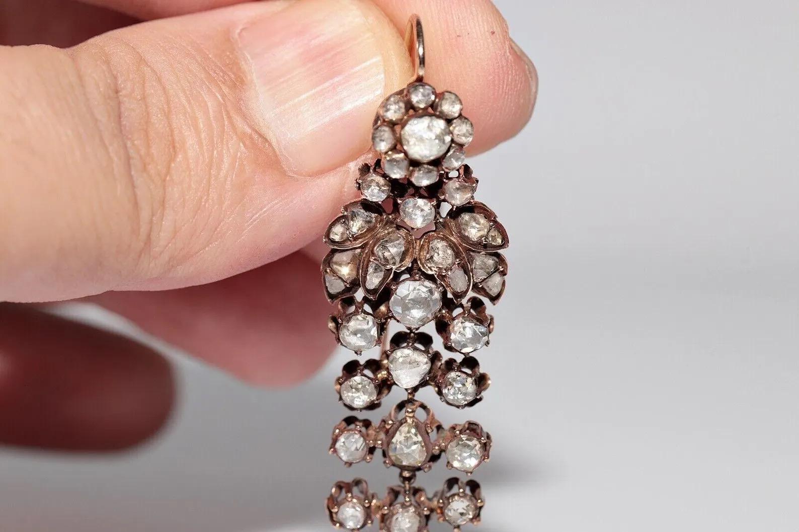 Antike CIRCA 1880er Ottoman 14k Gold Natural Rose Cut Diamond Drop Ohrring im Angebot 2