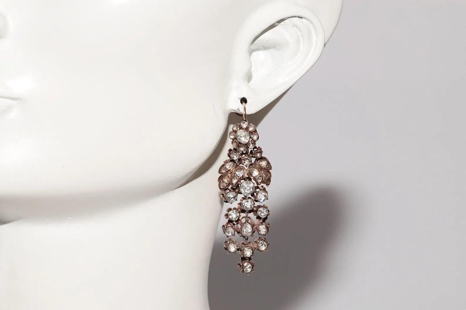 Antike CIRCA 1880er Ottoman 14k Gold Natural Rose Cut Diamond Drop Ohrring im Angebot 3