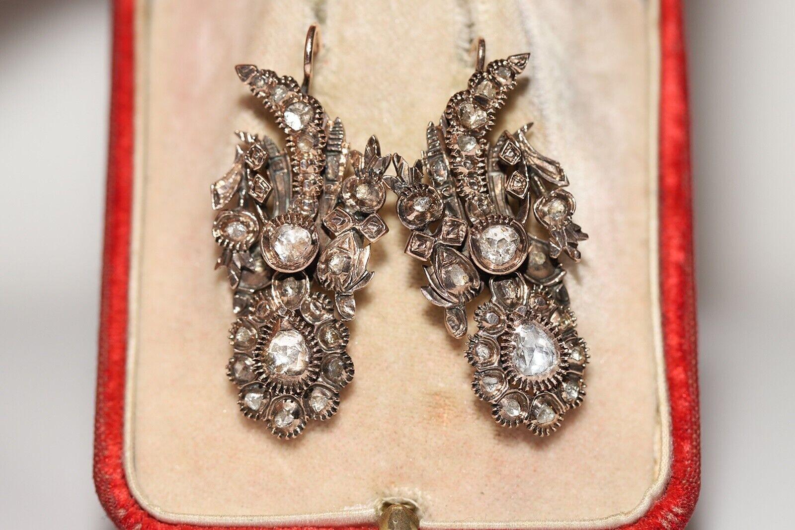 Antique Circa 1880s Ottoman 8k Gold Natural Rose Cut Diamond Decorated Earring For Sale 7
