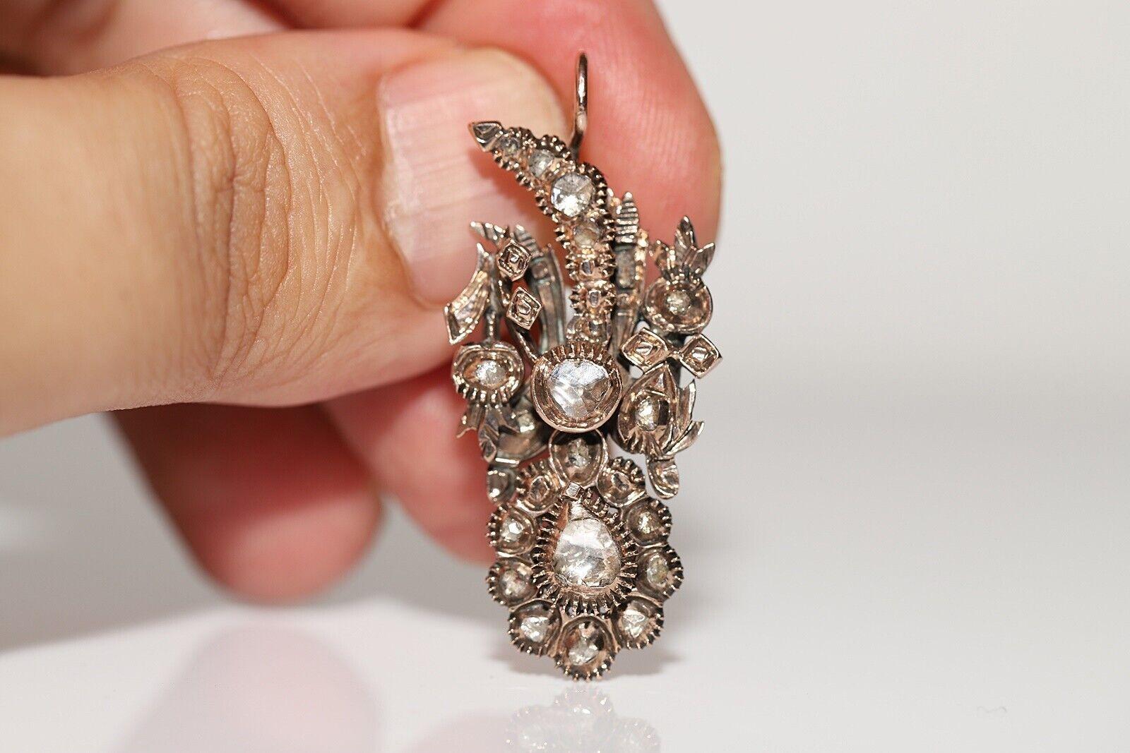 Antique Circa 1880s Ottoman 8k Gold Natural Rose Cut Diamond Decorated Earring For Sale 8
