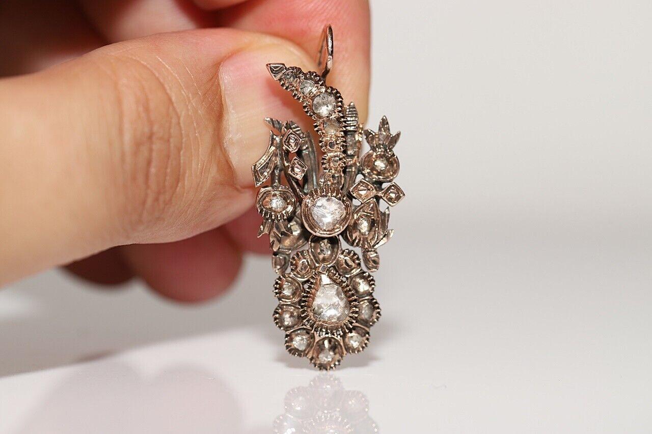 Antiker Ottomane 8k Gold Natürlicher Rosenschliff Diamant Dekorierter Ohrring, um 1880er Jahre (Viktorianisch) im Angebot