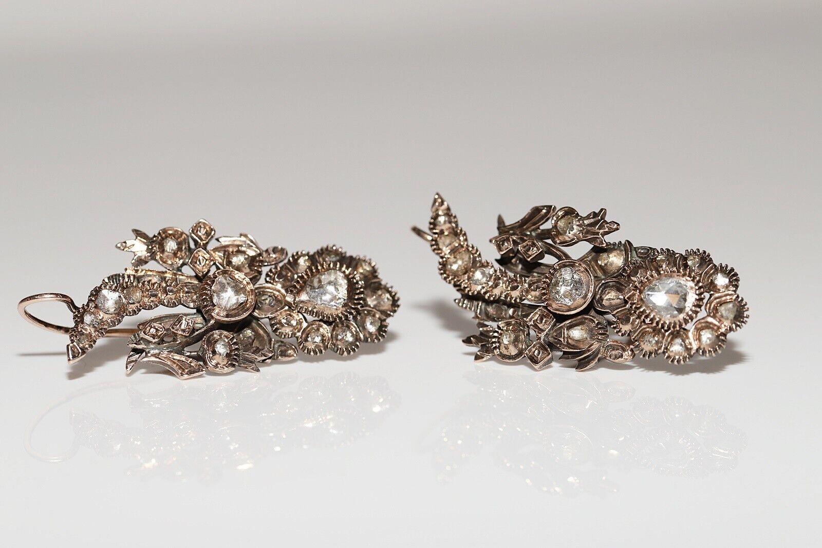 Antique Circa 1880s Ottoman 8k Gold Natural Rose Cut Diamond Decorated Earring in vendita 1