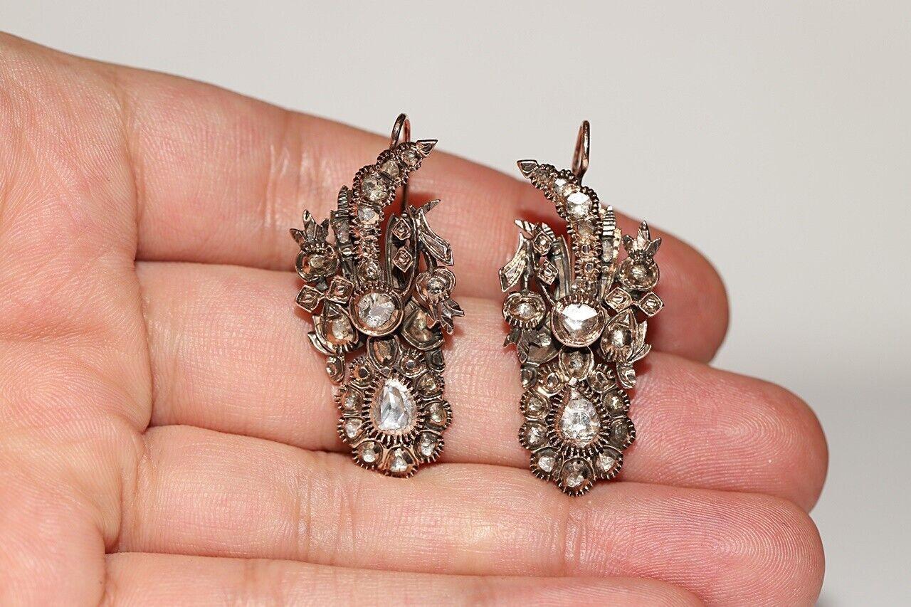 Antique Circa 1880s Ottoman 8k Gold Natural Rose Cut Diamond Decorated Earring For Sale 3