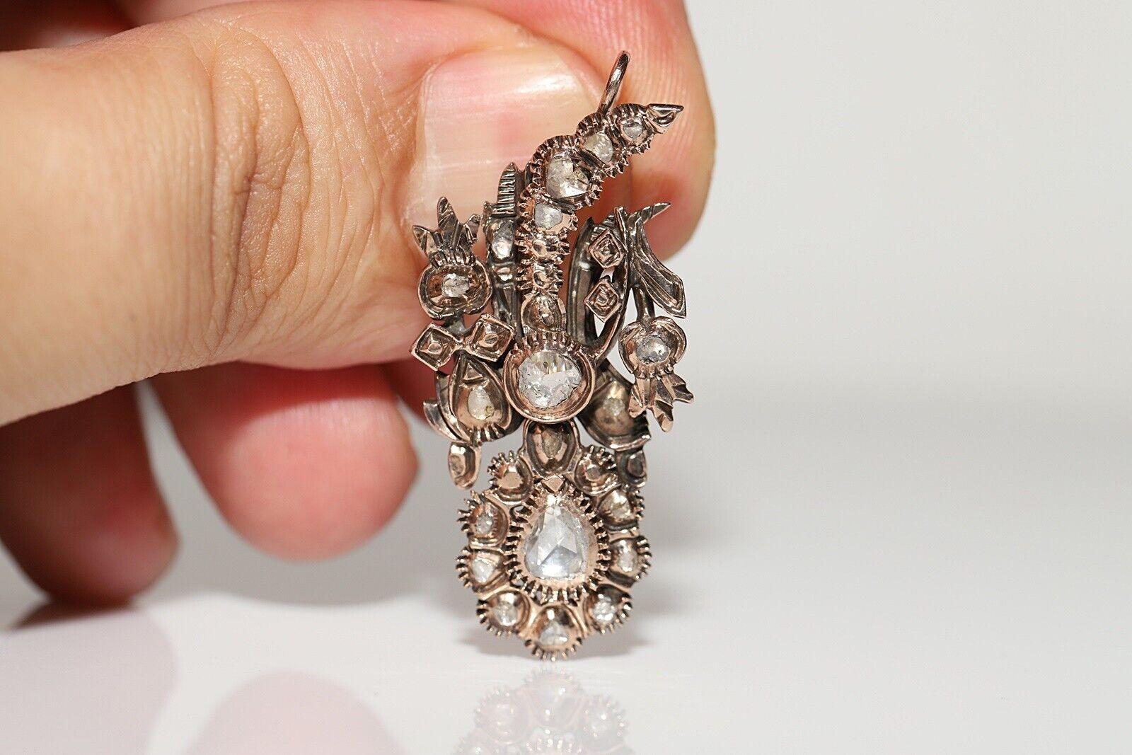 Antique Circa 1880s Ottoman 8k Gold Natural Rose Cut Diamond Decorated Earring For Sale 4