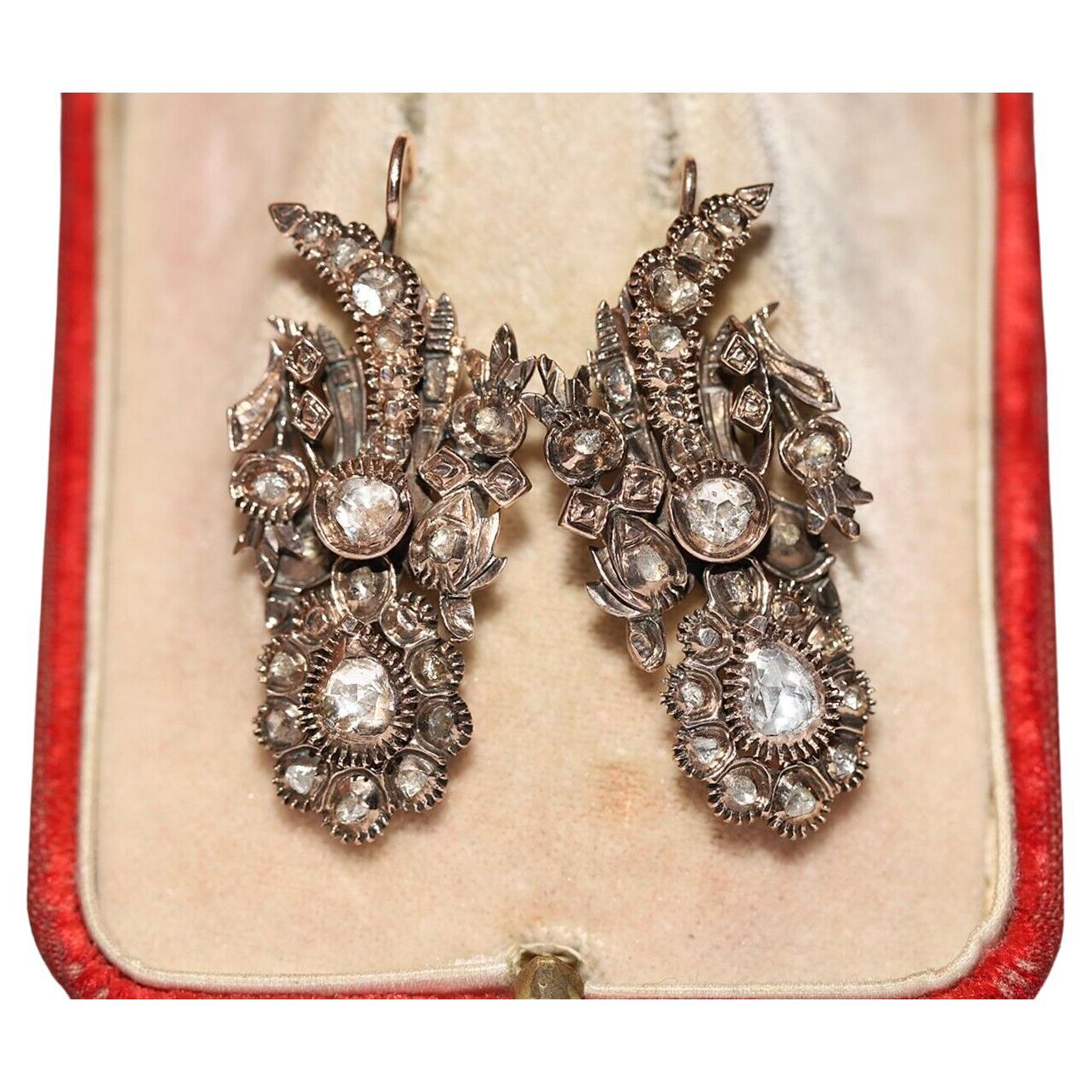 Antique Circa 1880s Ottoman 8k Gold Natural Rose Cut Diamond Decorated Earring For Sale