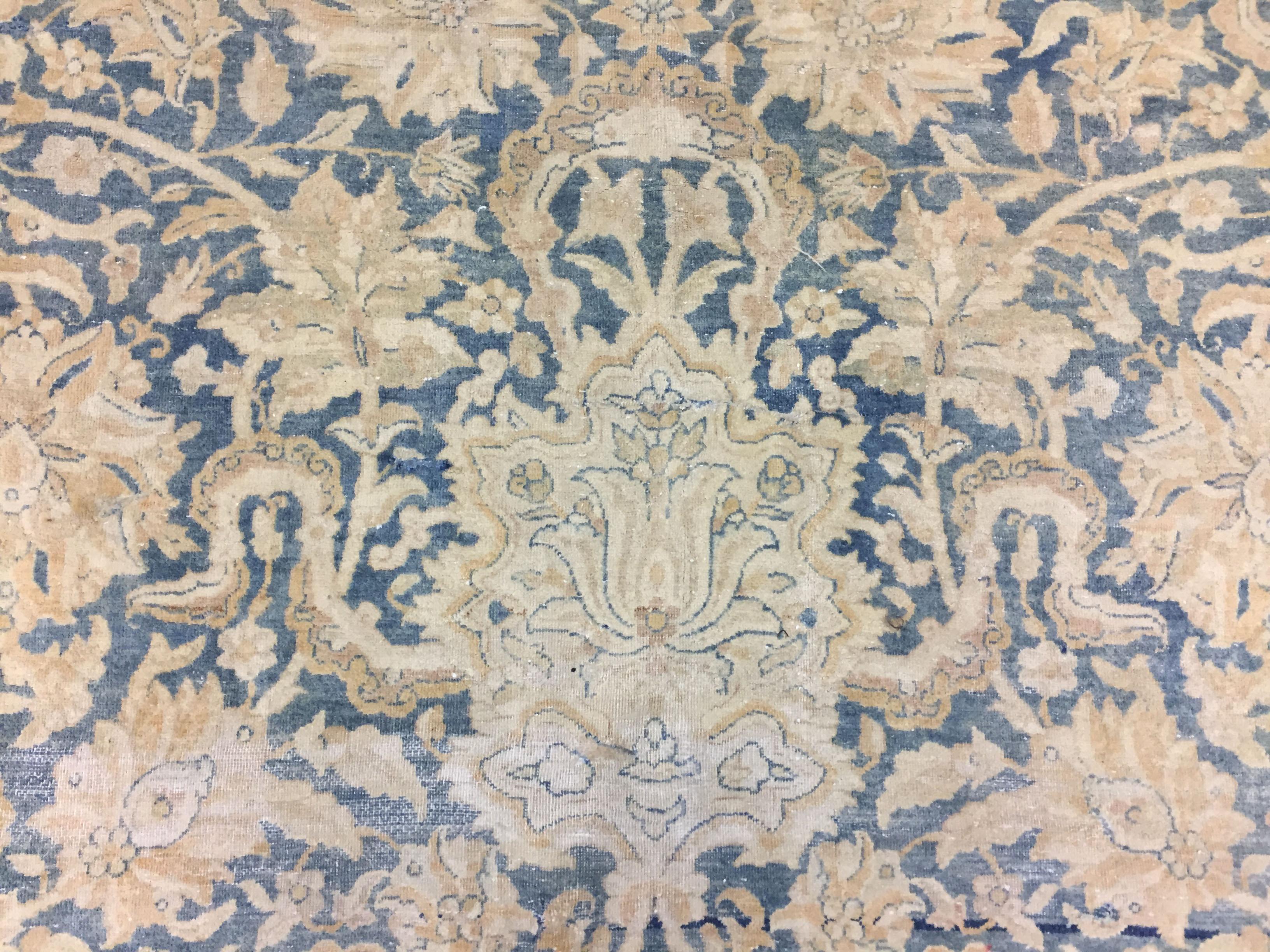 Perse Antique Circa 1890 Blue Lightly Distressed Persian Kirman Rug, 9'10 x 13' en vente