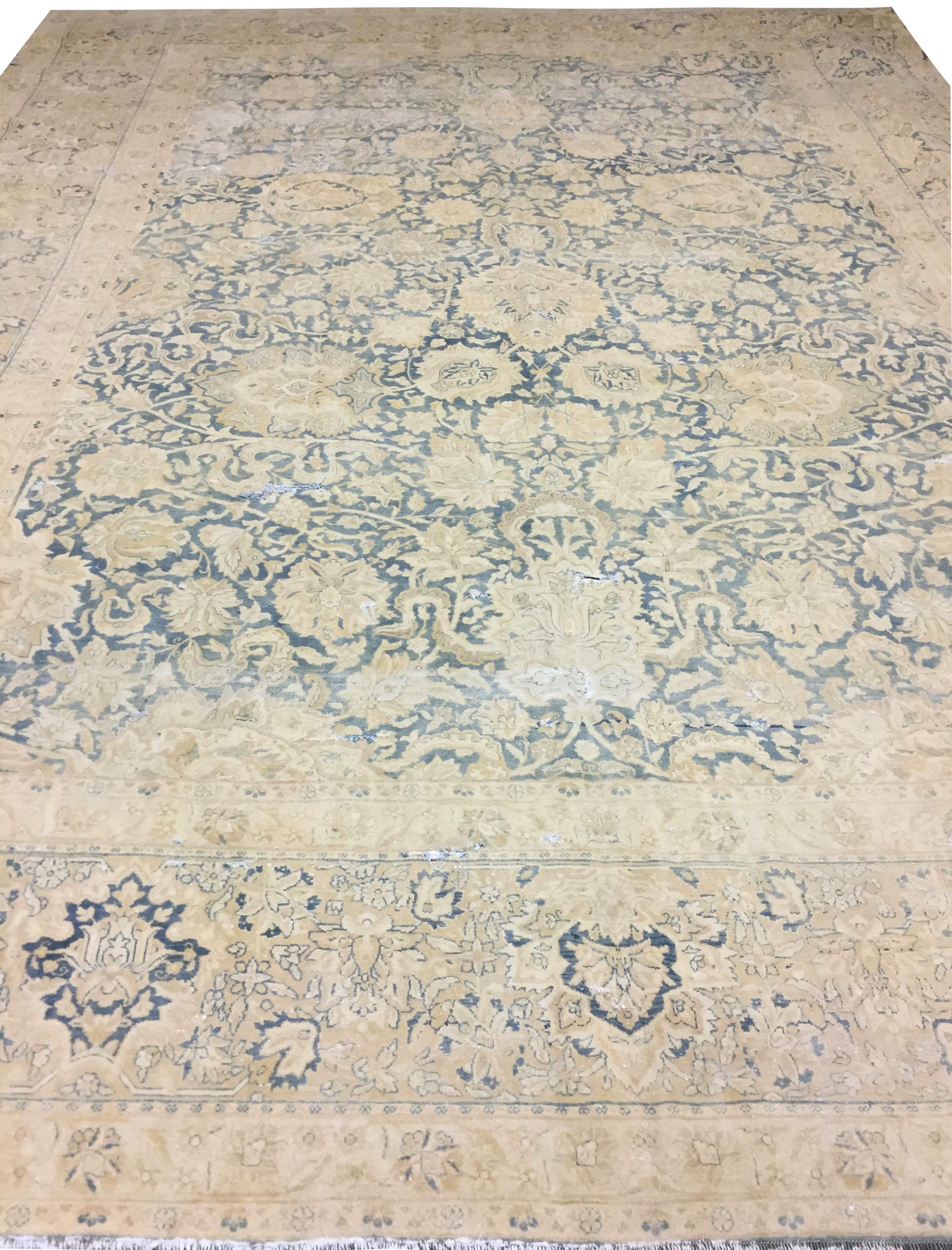 XIXe siècle Antique Circa 1890 Blue Lightly Distressed Persian Kirman Rug, 9'10 x 13' en vente