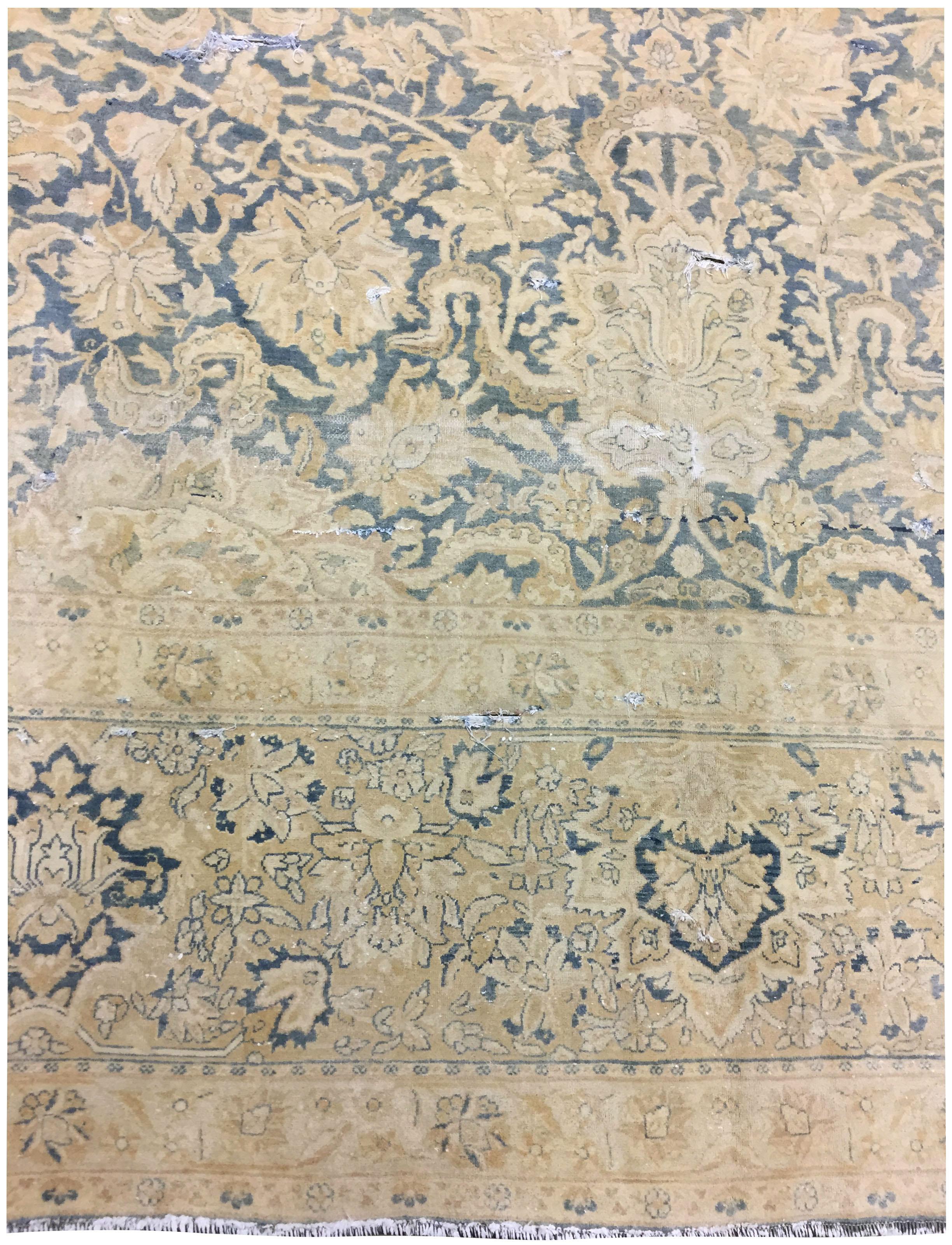 Laine Antique Circa 1890 Blue Lightly Distressed Persian Kirman Rug, 9'10 x 13' en vente