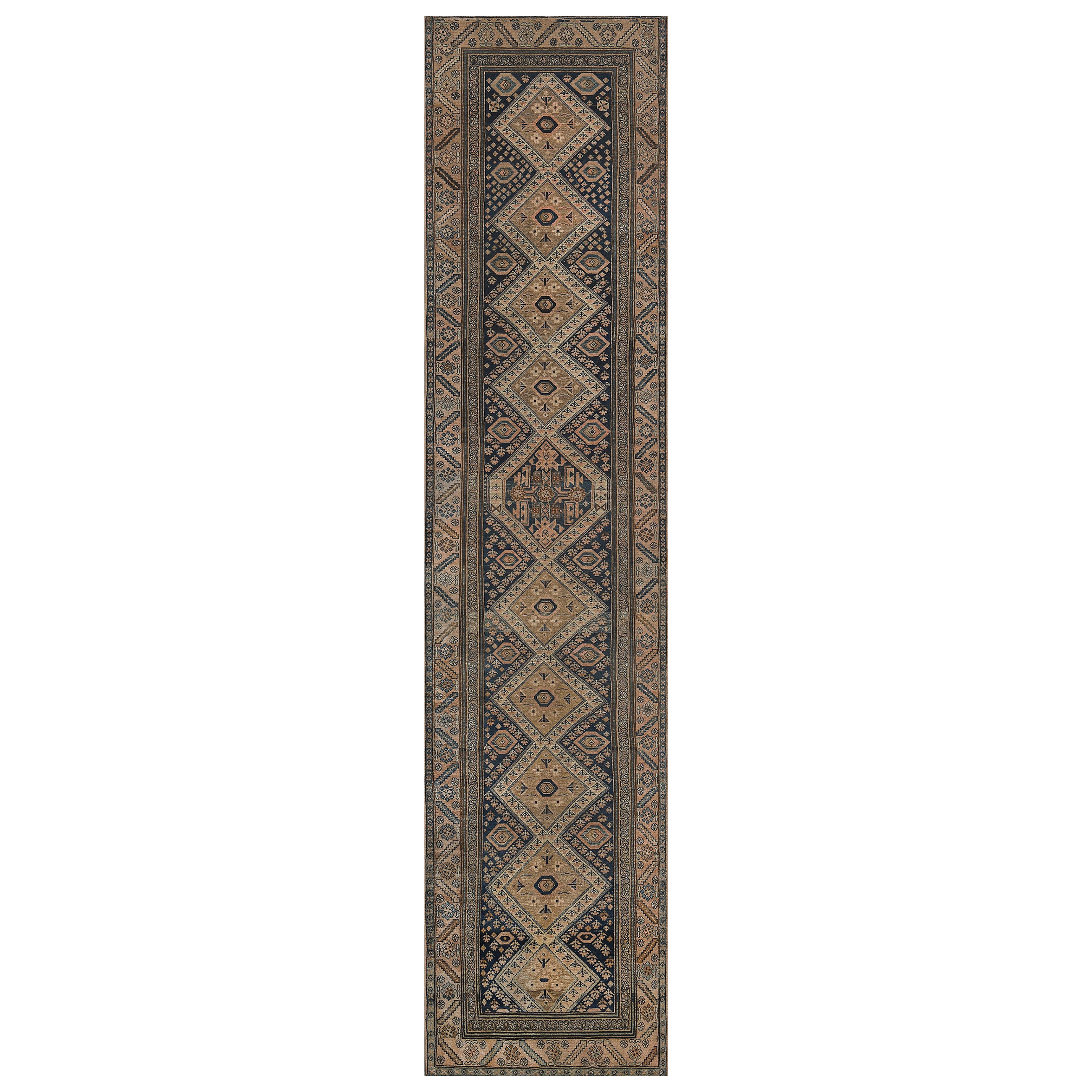 Antique Circa-1890 Brown Wool Angular Floral Vine Persian Malayer Runner For Sale