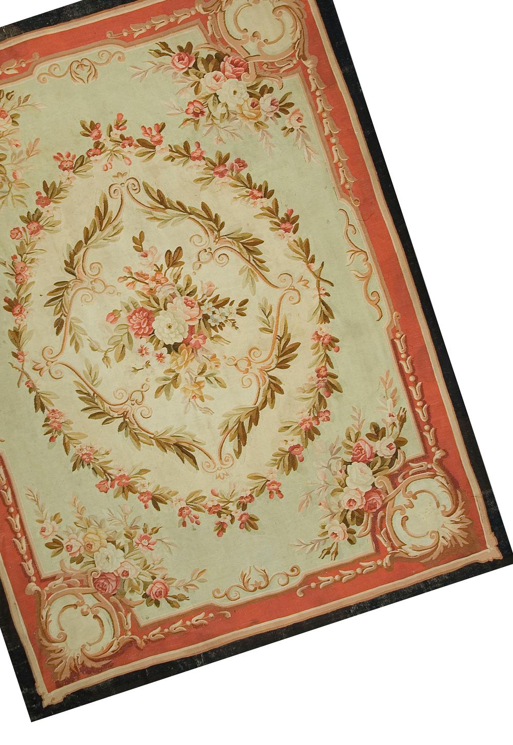 8' x 9'. Aubusson carpets are pile less and tapestry woven from that town to the southwest of Paris, by a group of independent weavers working under Royal or State protection. The designs are strictly classical, neoclassical or Victorian. They are