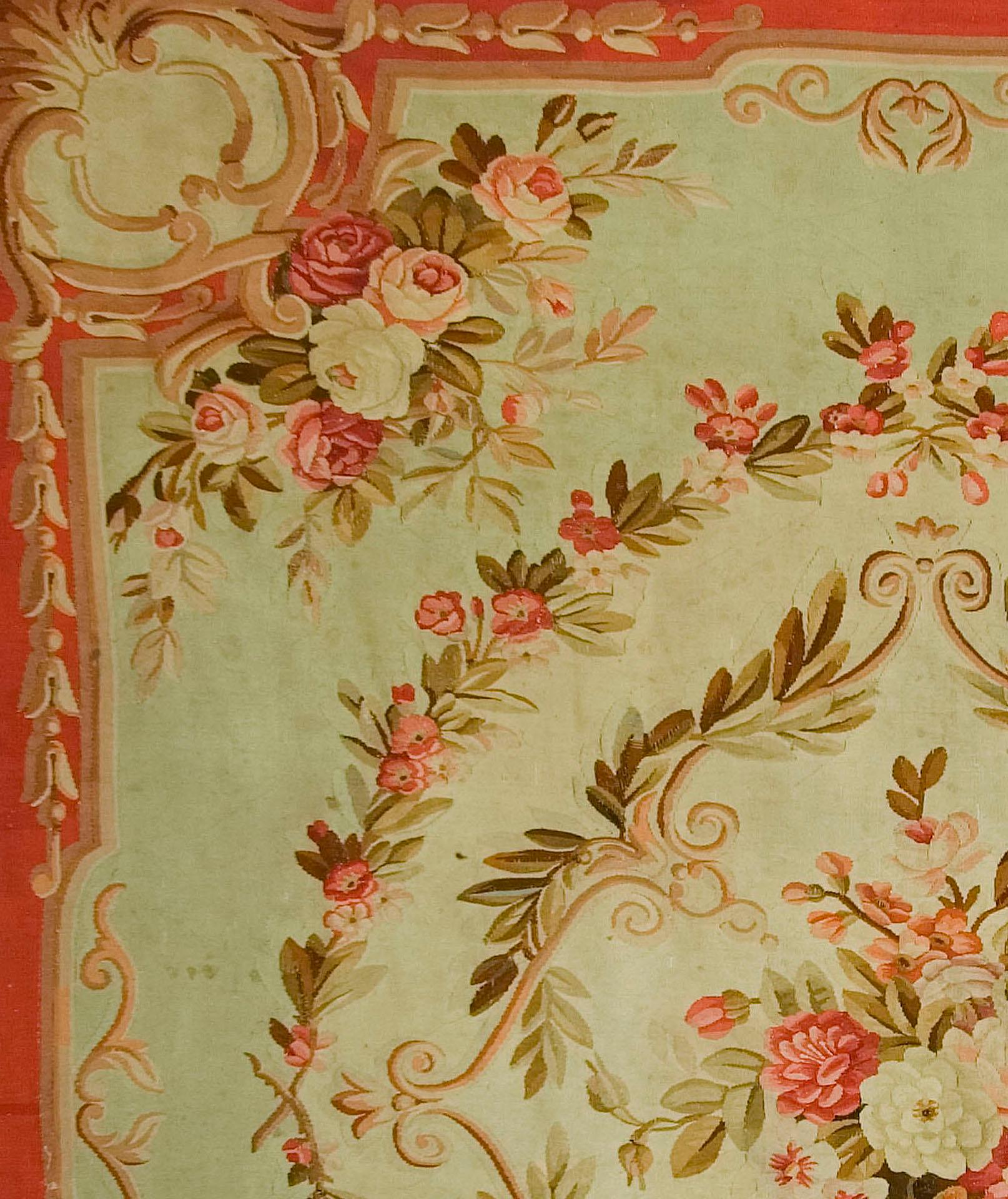 Hand-Woven Antique Circa 1890 Green French Aubusson Rug, 8' x 9' For Sale