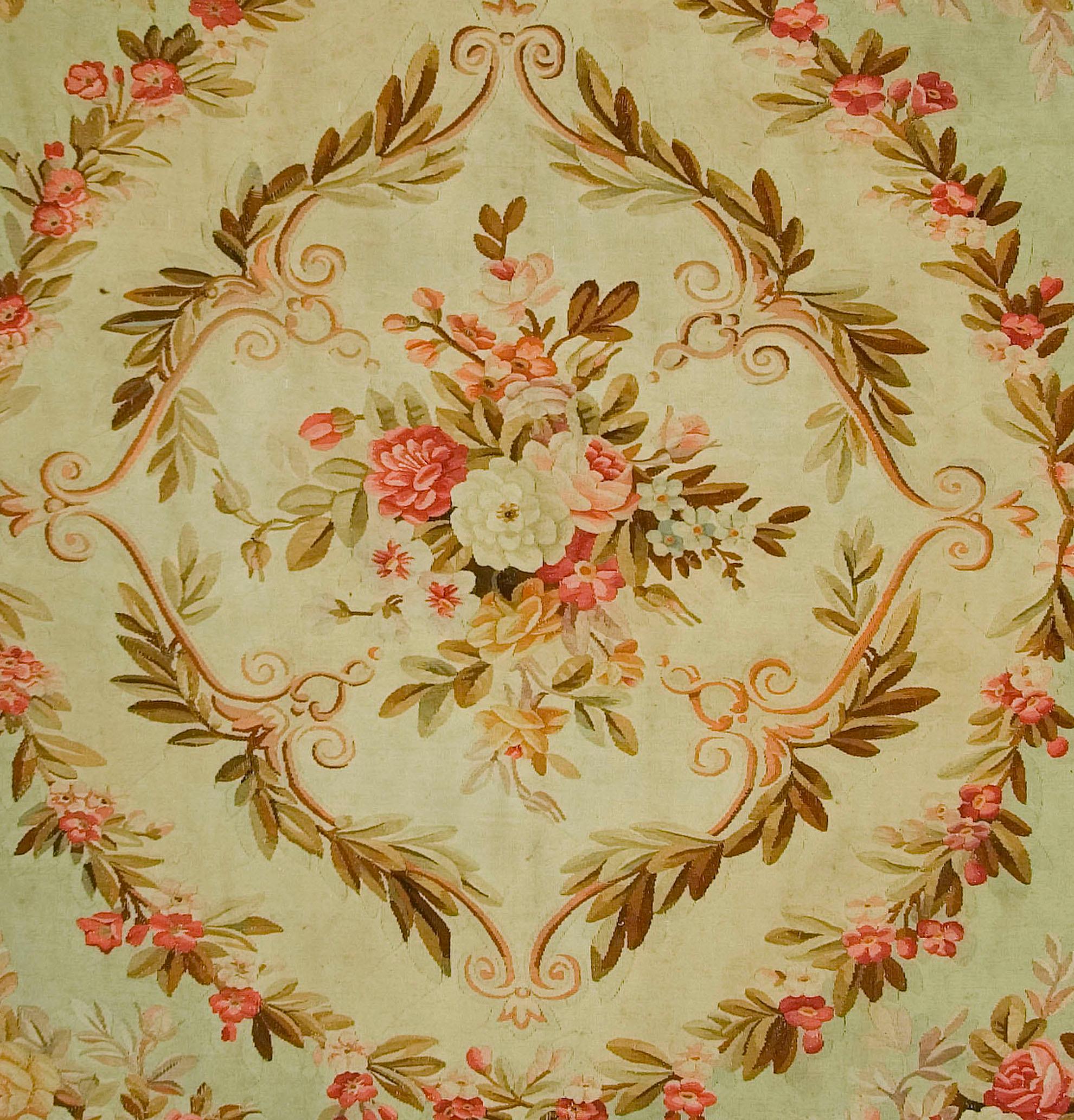 Antique Circa 1890 Green French Aubusson Rug, 8' x 9' In Good Condition For Sale In New York, NY