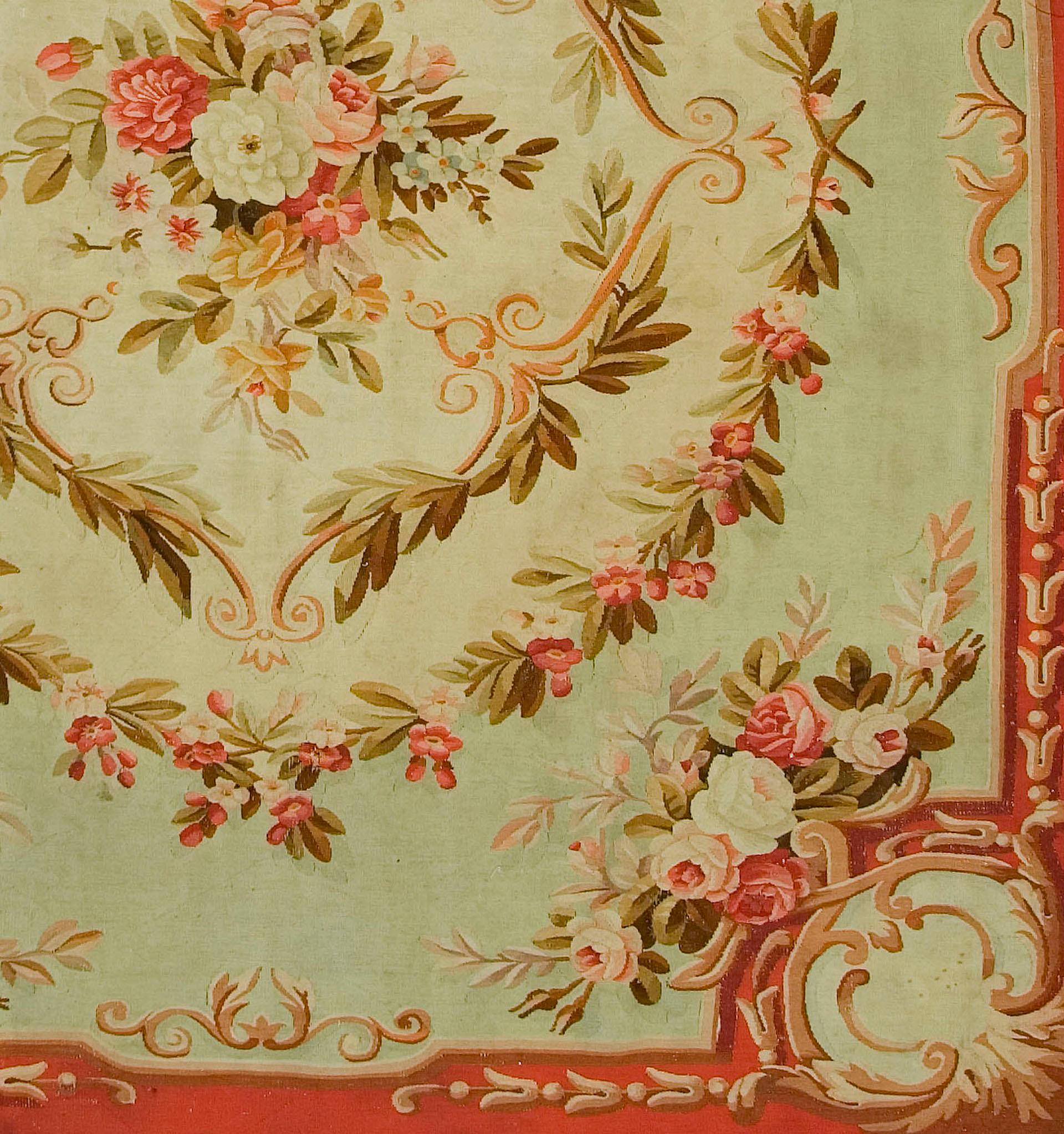 19th Century Antique Circa 1890 Green French Aubusson Rug, 8' x 9' For Sale