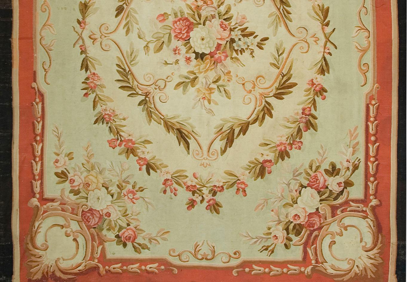 Wool Antique Circa 1890 Green French Aubusson Rug, 8' x 9' For Sale