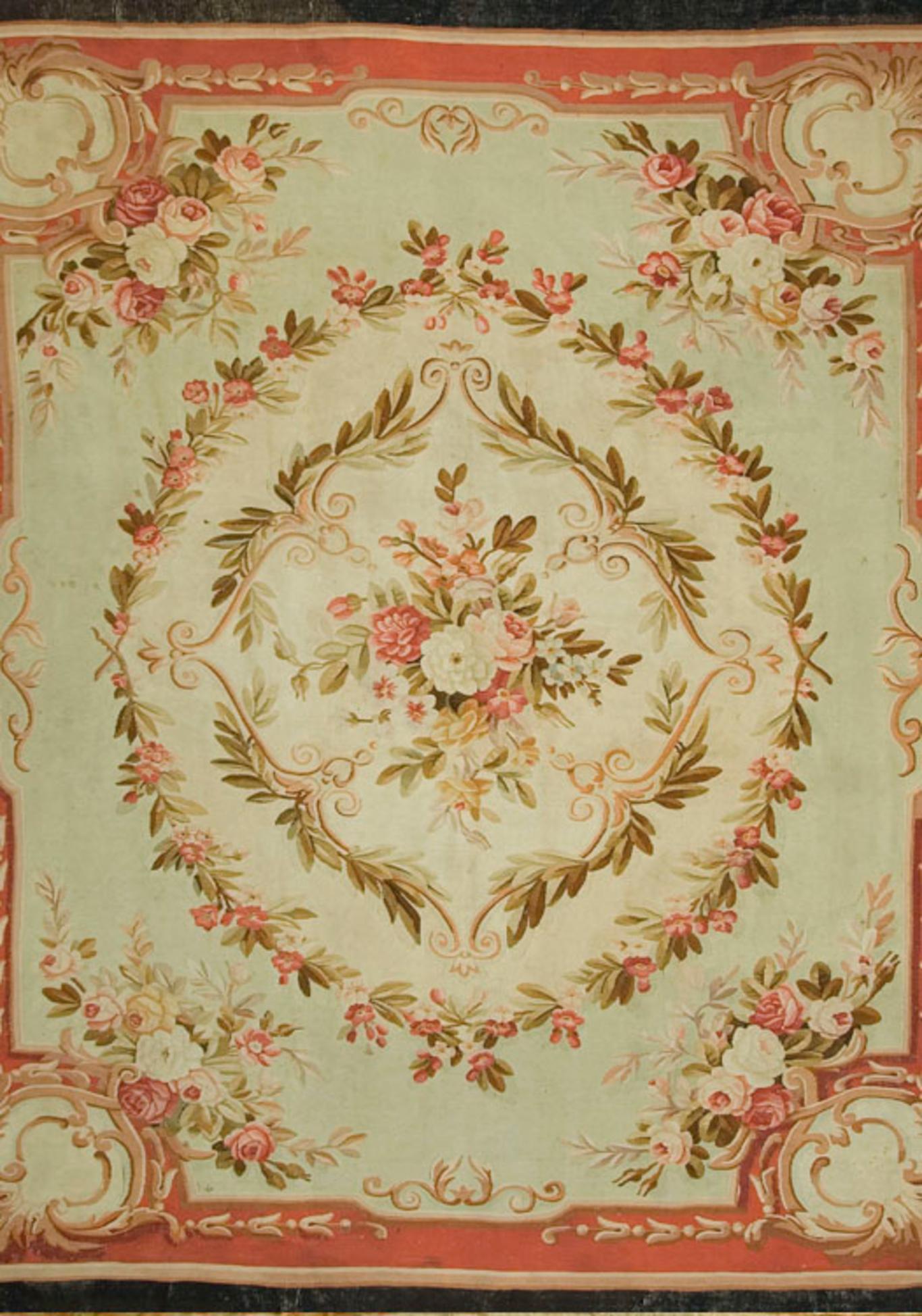 Antique Circa 1890 Green French Aubusson Rug, 8' x 9' For Sale 1