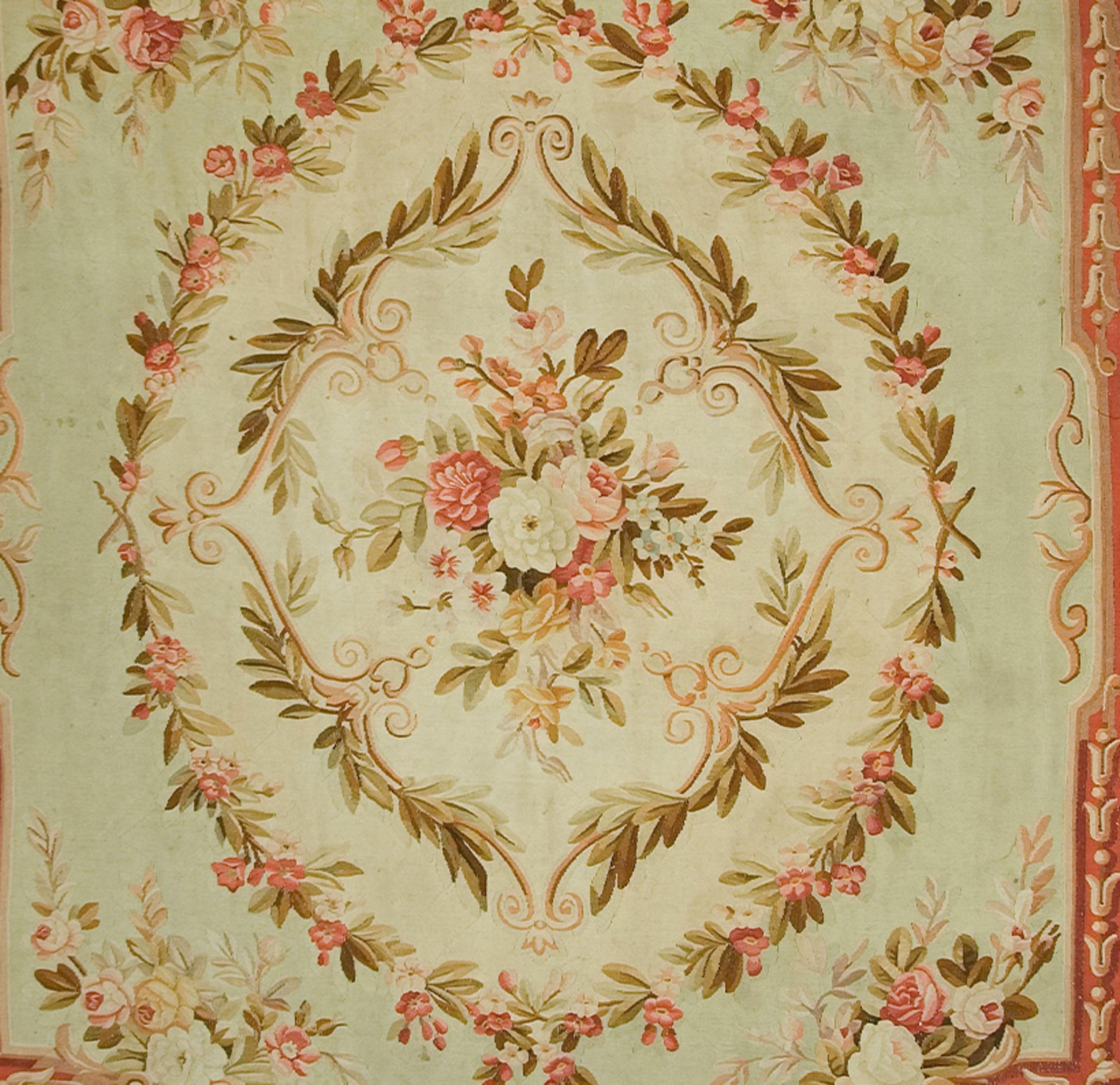 Antique Circa 1890 Green French Aubusson Rug, 8' x 9' For Sale 2