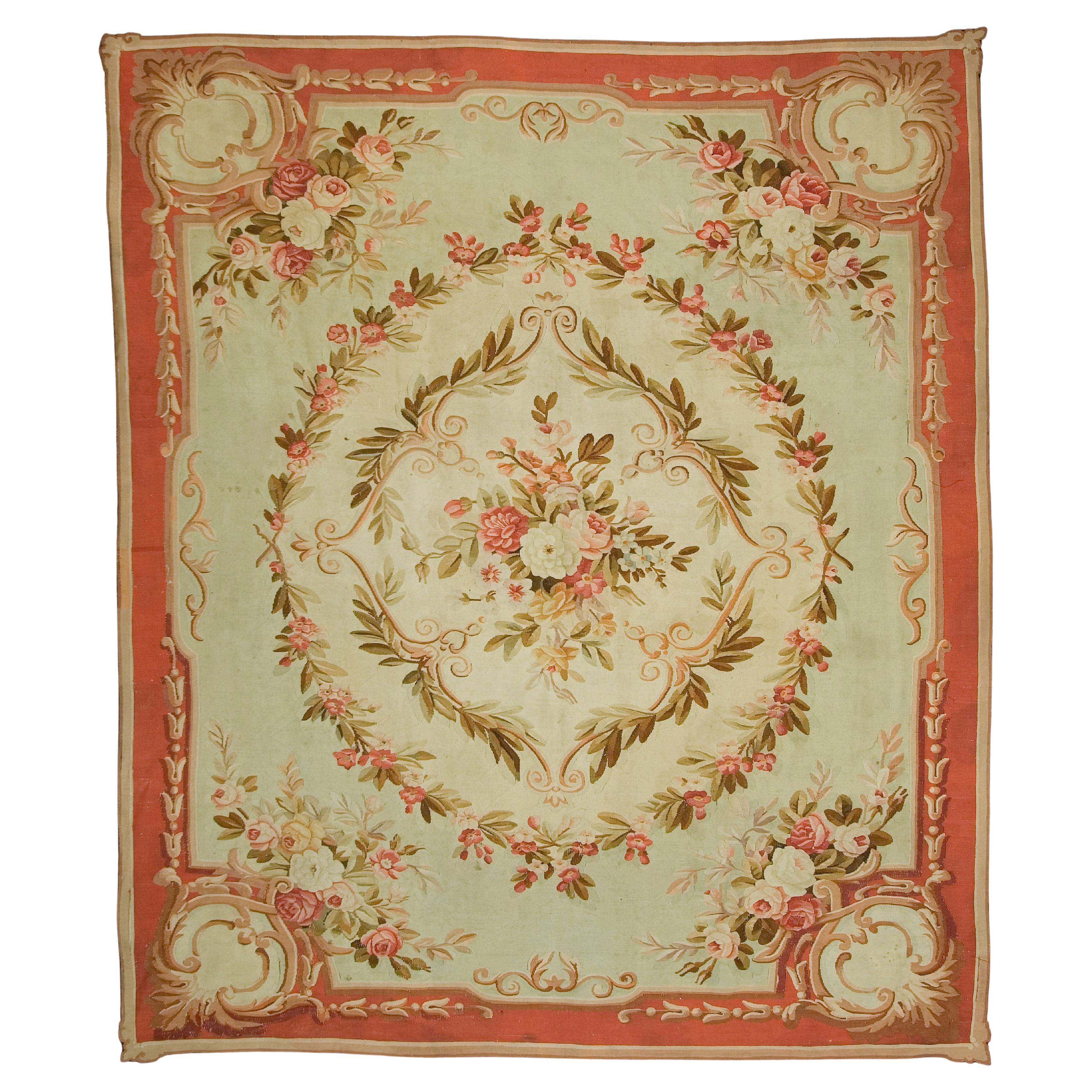 Antique Circa 1890 Green French Aubusson Rug, 8
x 9
