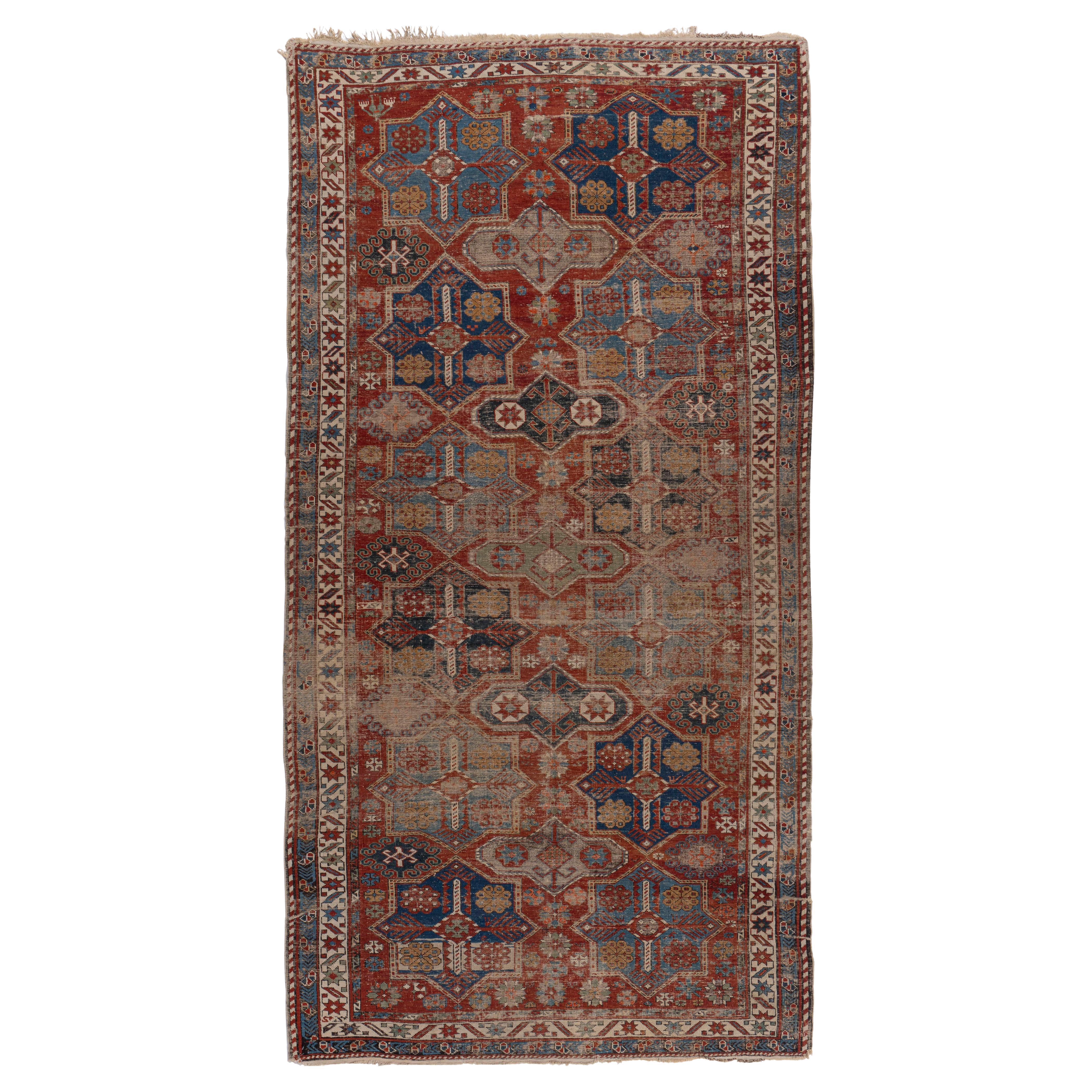 Antique Circa 1890 Red Lightly Distressed Caucasian Shirvan Hand Woven Rug
