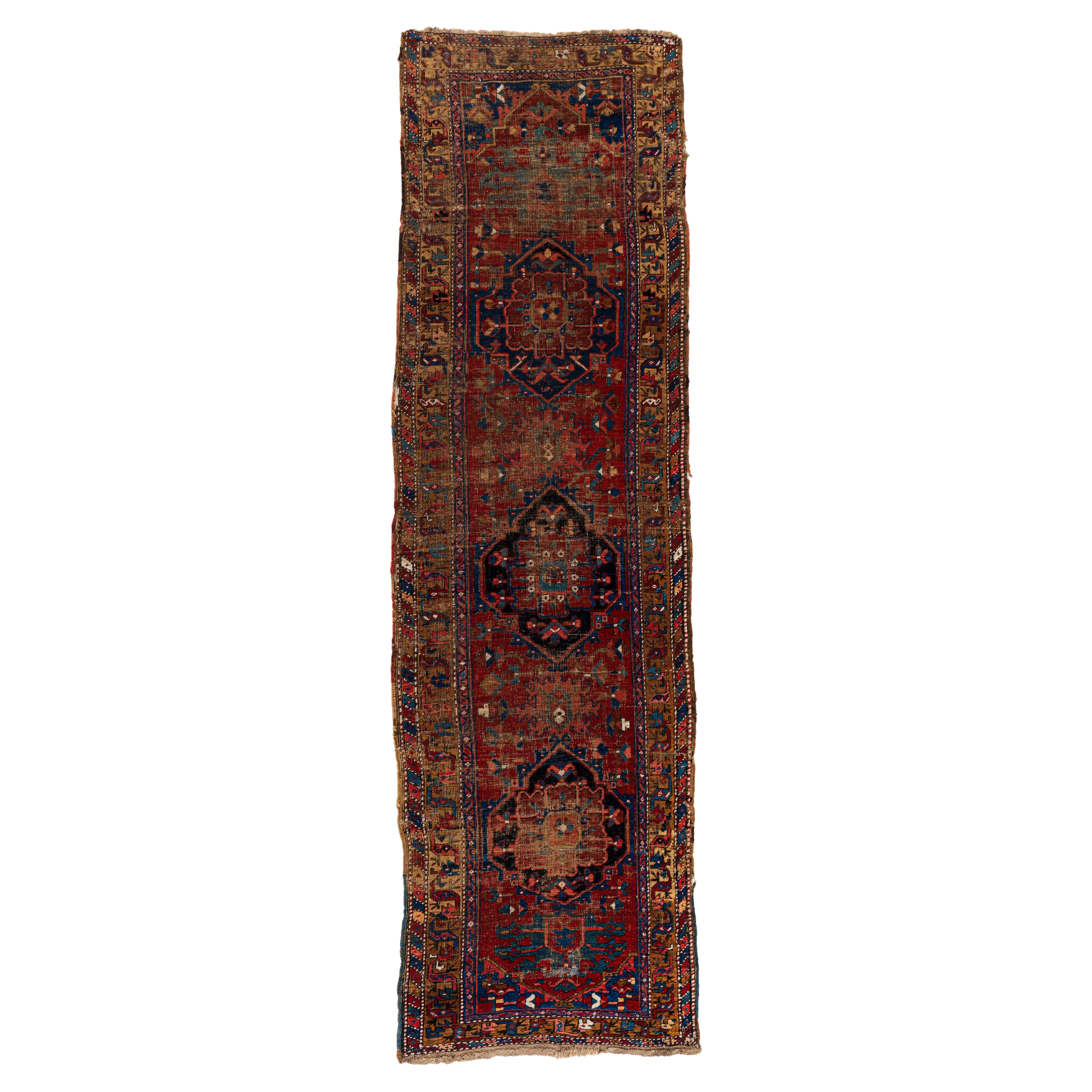 Antike CIRCA 1890 Distressed Red Persian Kurdish Hand Knotted Läufer