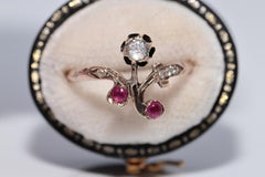 Antique Circa 1890s 8k Gold Natural Rose Cut Diamond And Ruby Decorated Ring