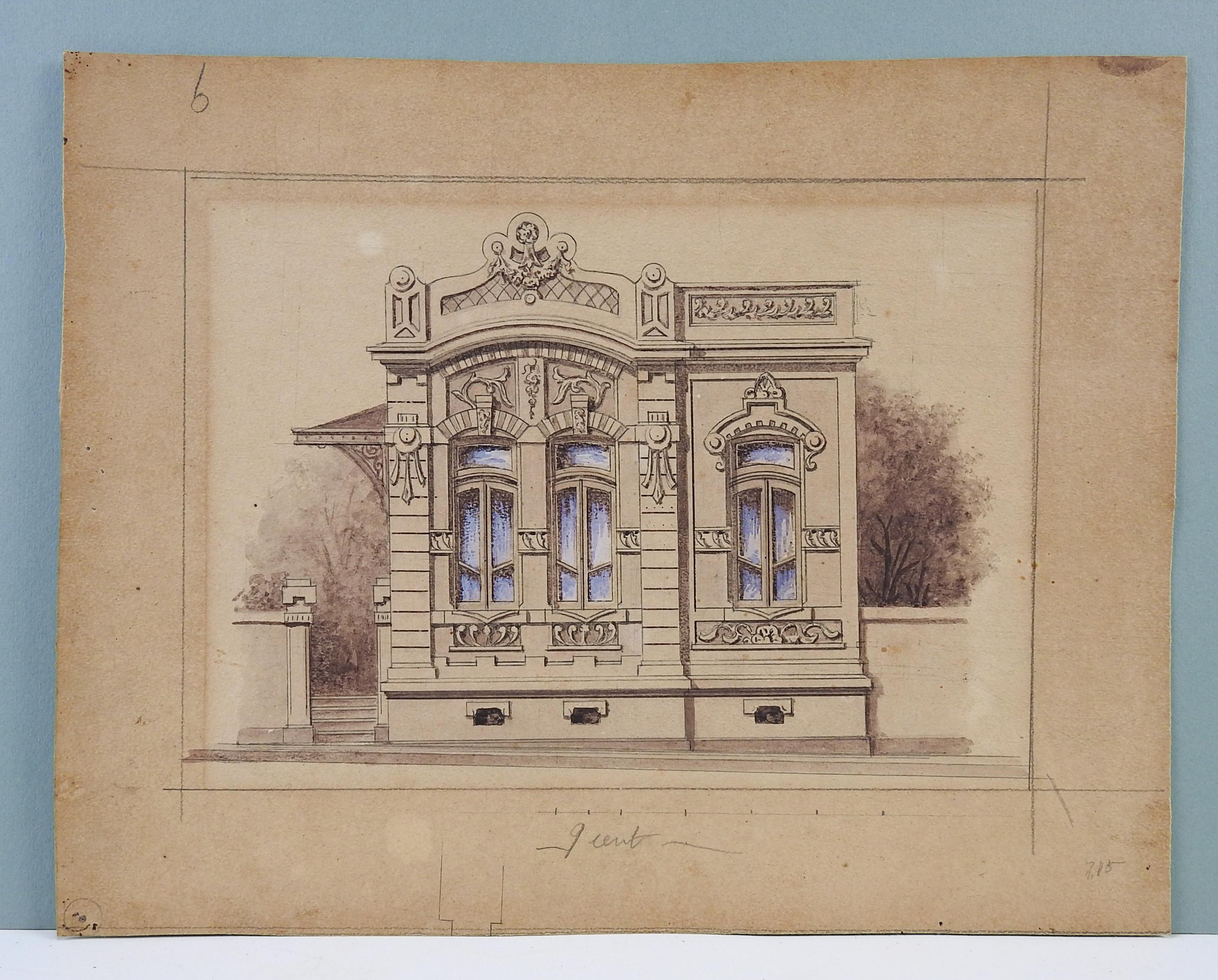 Rendu architectural à l'aquarelle, à la gouache et au crayon sur papier par Luiz Olivieri Italie/Brésil, vers 1900. Non signée. Non encadré, vieillissement, usure des bords.