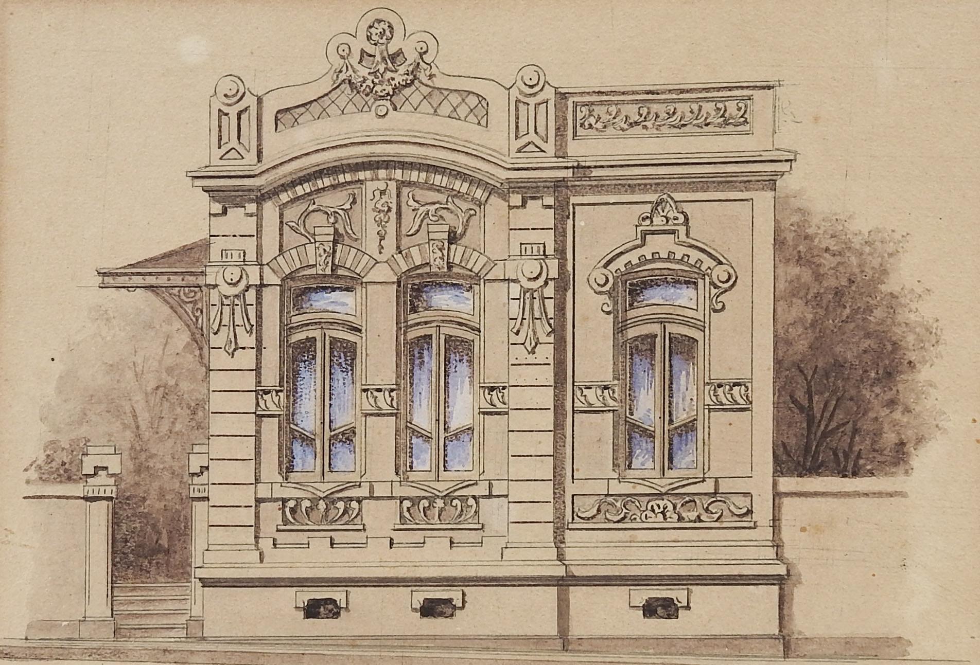 Neoclassical Revival Antique Circa 1900 Architectural Rendering Watercolor Painting For Sale