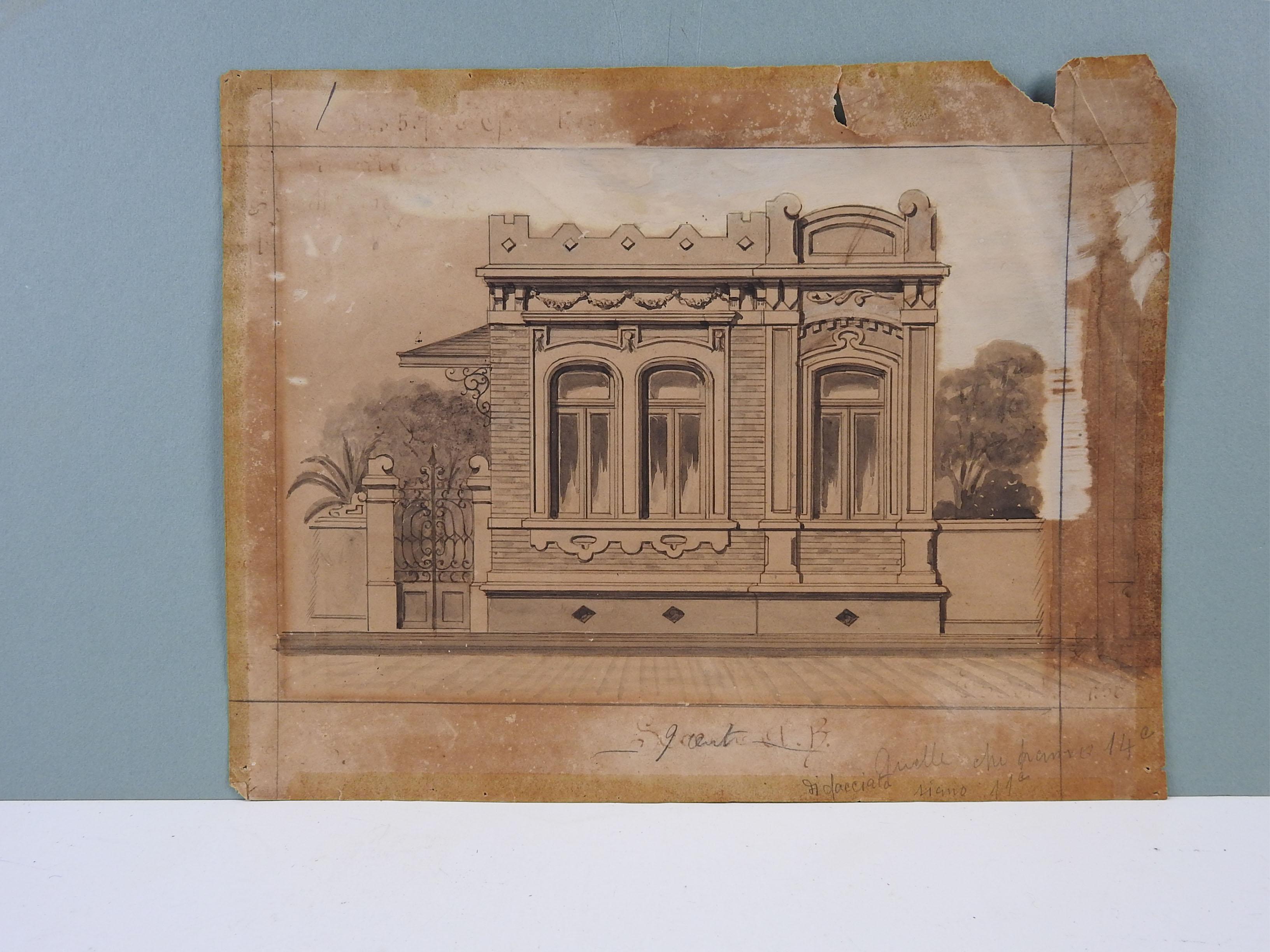 Architekturdarstellung in Aquarell, Gouache und Bleistift auf Papier von Luiz Olivieri Italien/Brasilien, um 1900. Nicht signiert. Ungerahmt, altersbedingt gebräunt, Randverluste.
