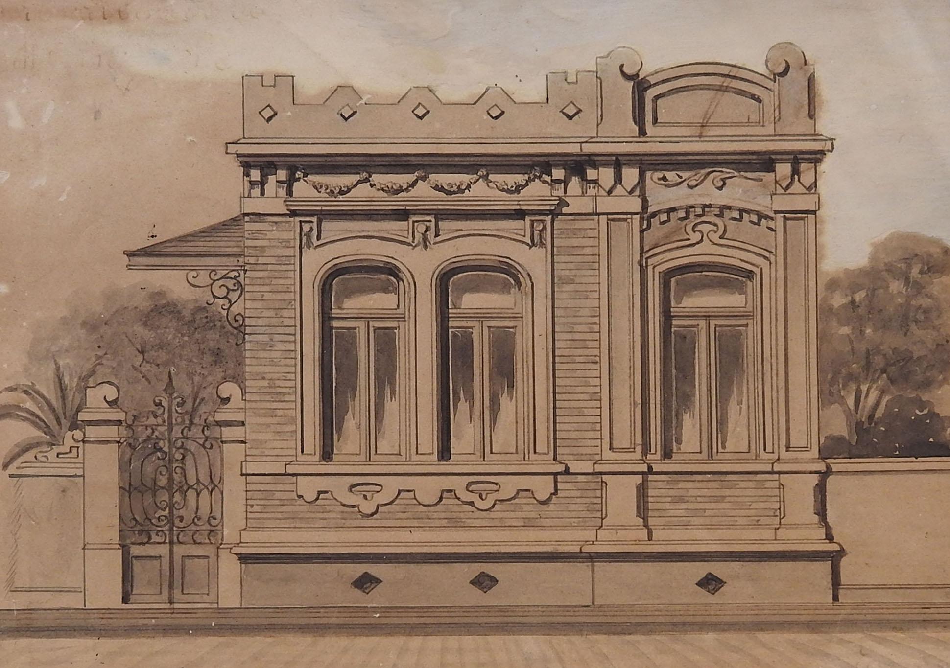 Neoclassical Revival Antique Circa 1900 Architectural Watercolor Painting For Sale