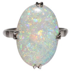 Antique Circa 1900 Art Deco Platinum Natural Oval Cut Opal Solitaire Ring