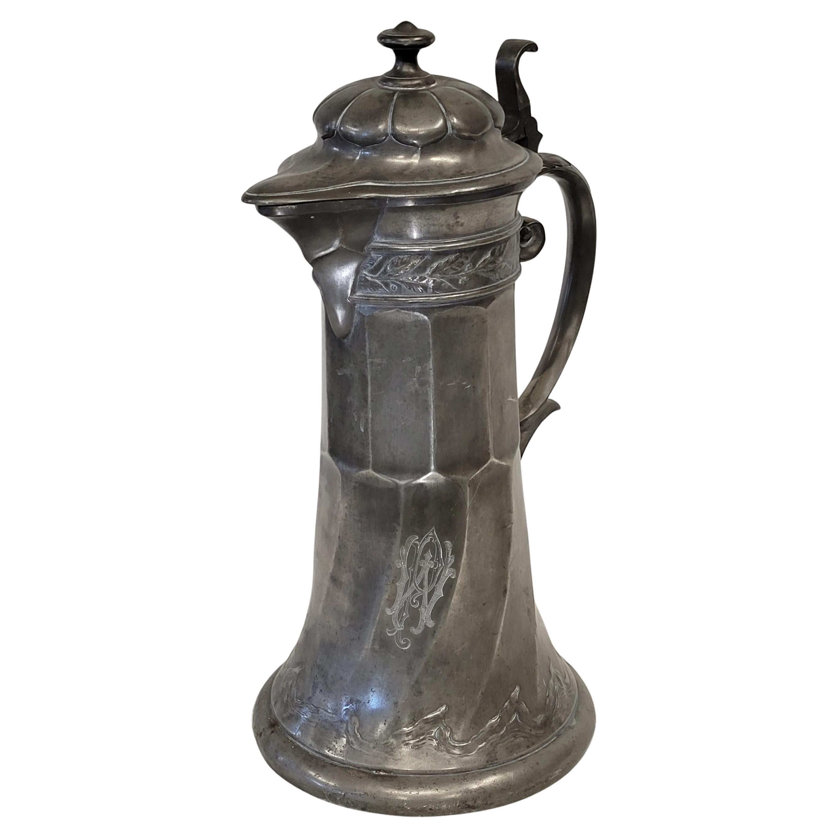 Antiker Jugendstil Kayserzinn „4010“ Zinn Tankard mit Monogramm aus Zinn, um 1900