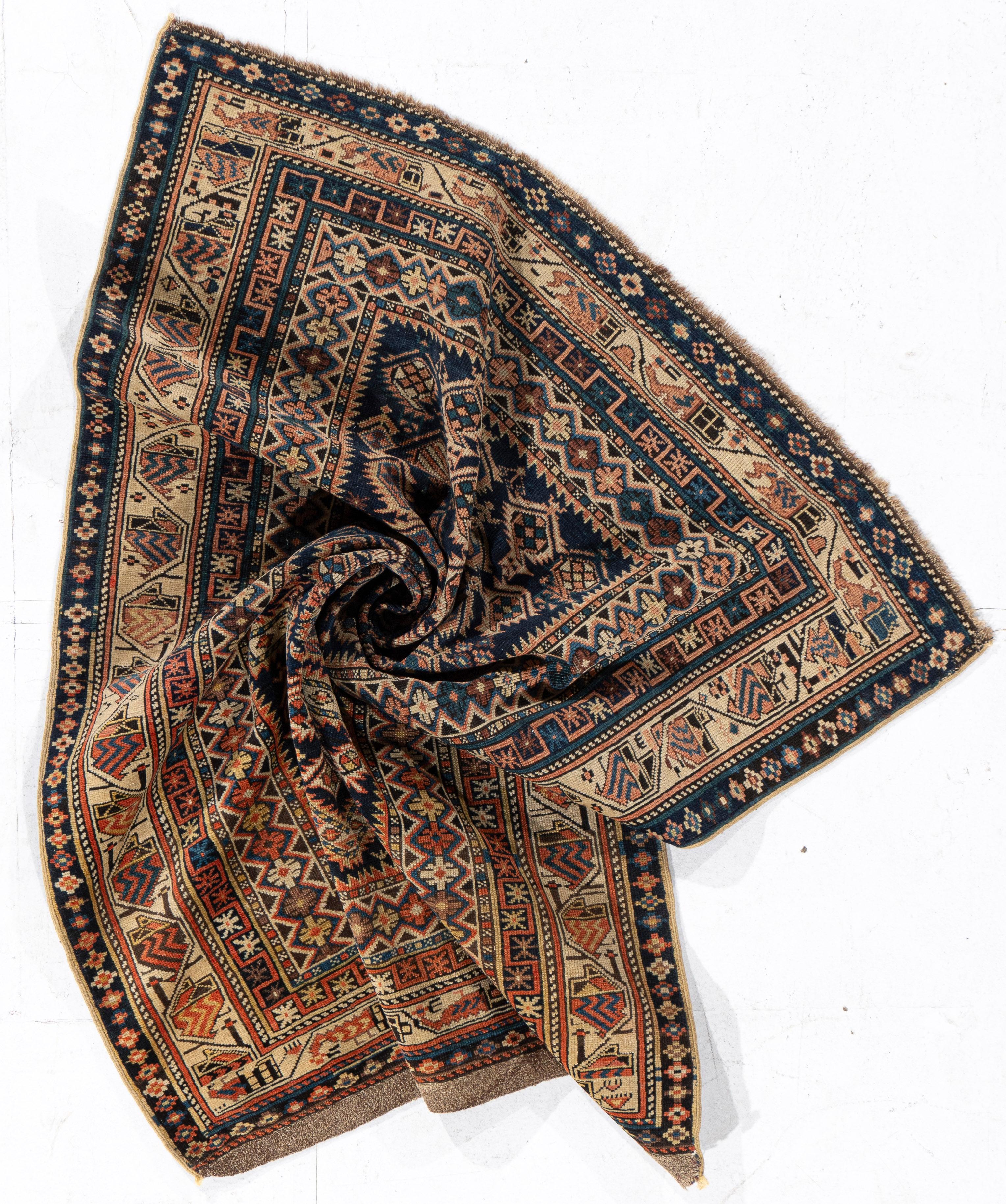19th Century Antique Circa 1900 Blue Caucasian Shirvan Prayer Hand Knotted Rug 3'5 X 4'4 For Sale