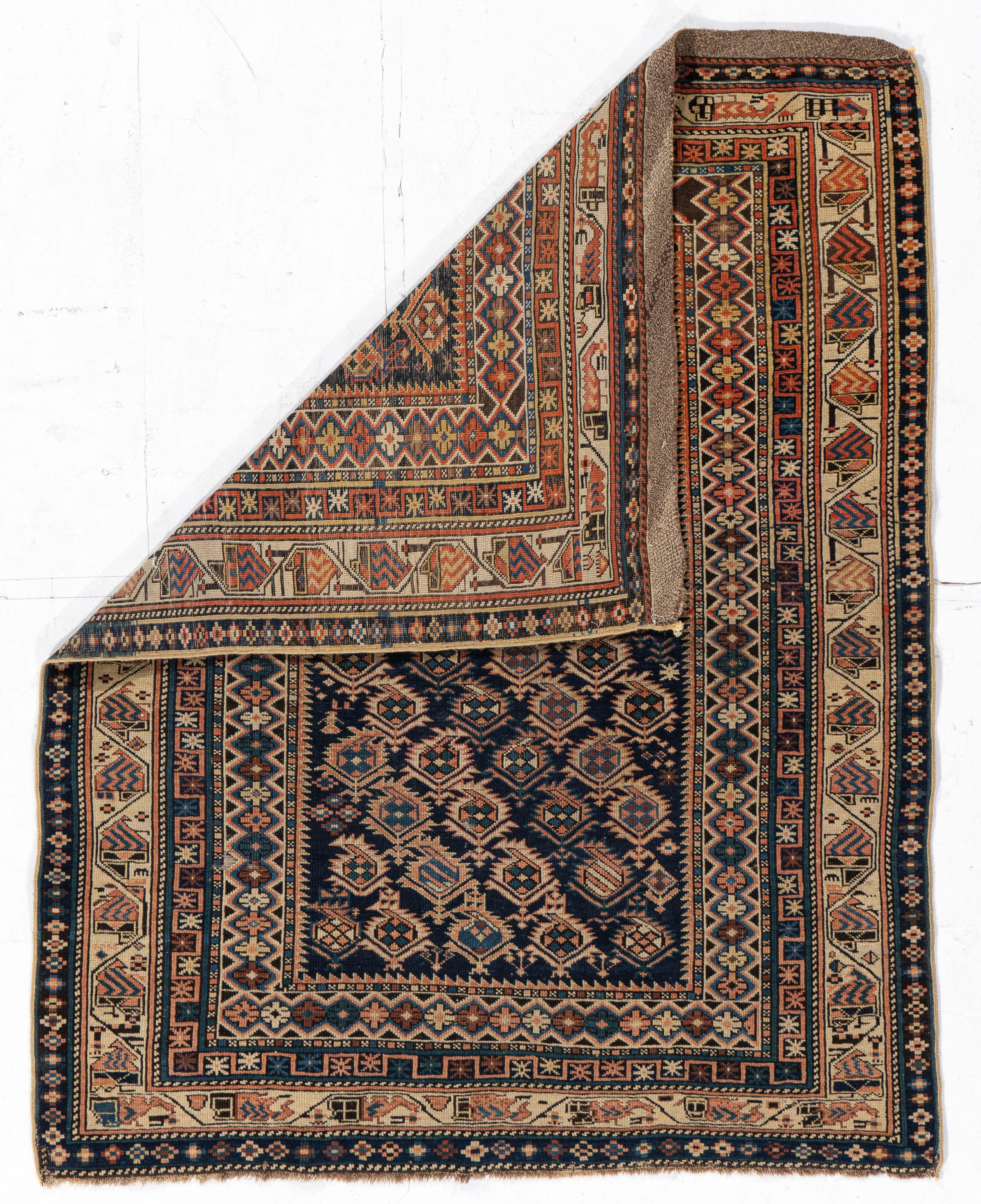 Wool Antique Circa 1900 Blue Caucasian Shirvan Prayer Hand Knotted Rug 3'5 X 4'4 For Sale