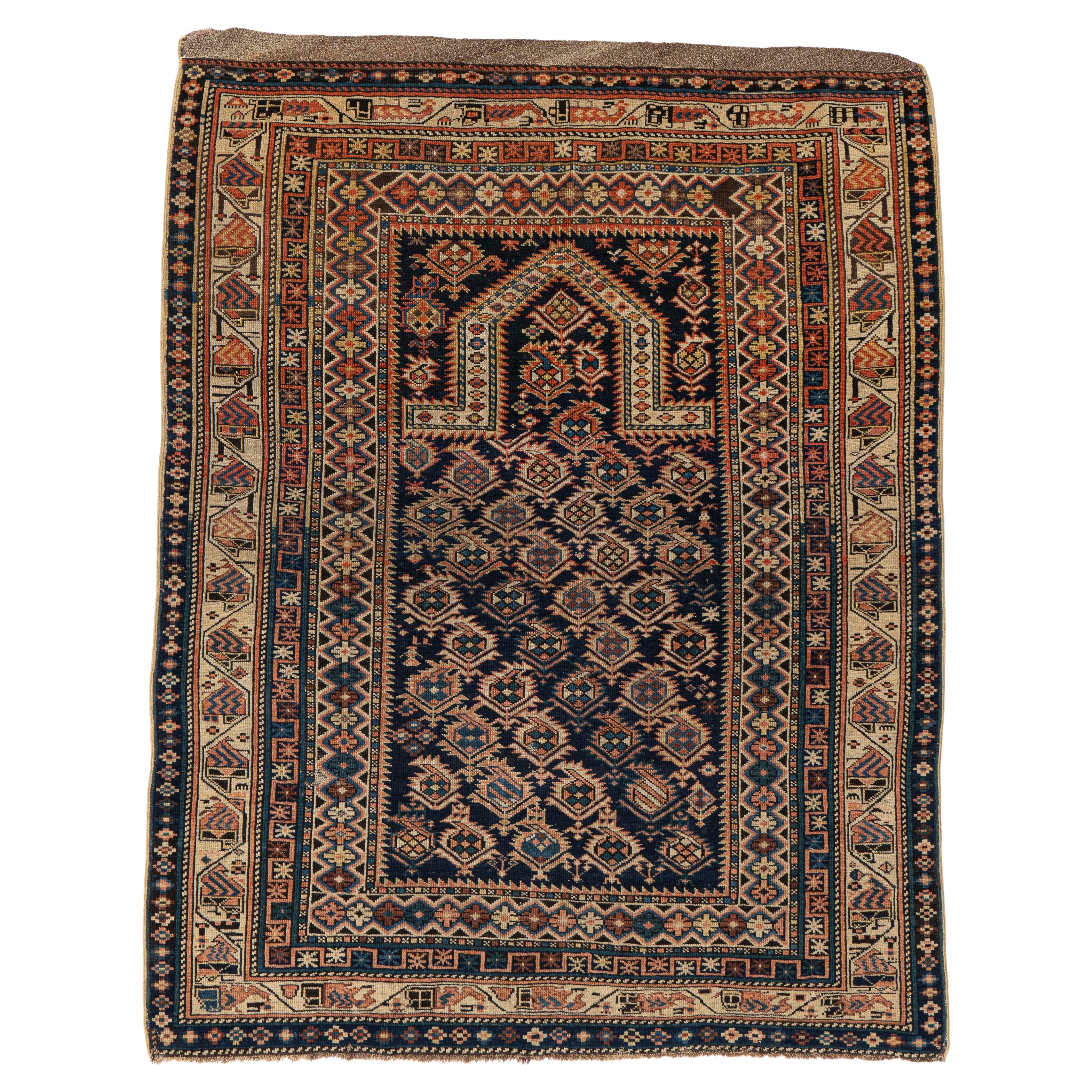 Antiquités Circa 1900 Bleu Caucasien Shirvan Prayer Tapis noué à la main 3'5 X 4'4